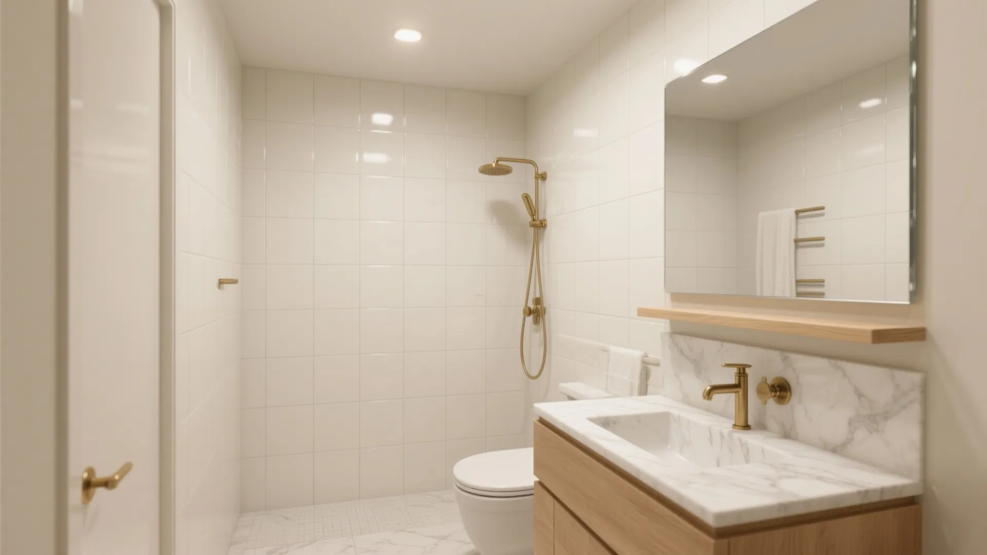 Modern white tiled bathroom with gold shower fixtures, marble vanity top, and large wall mirror
