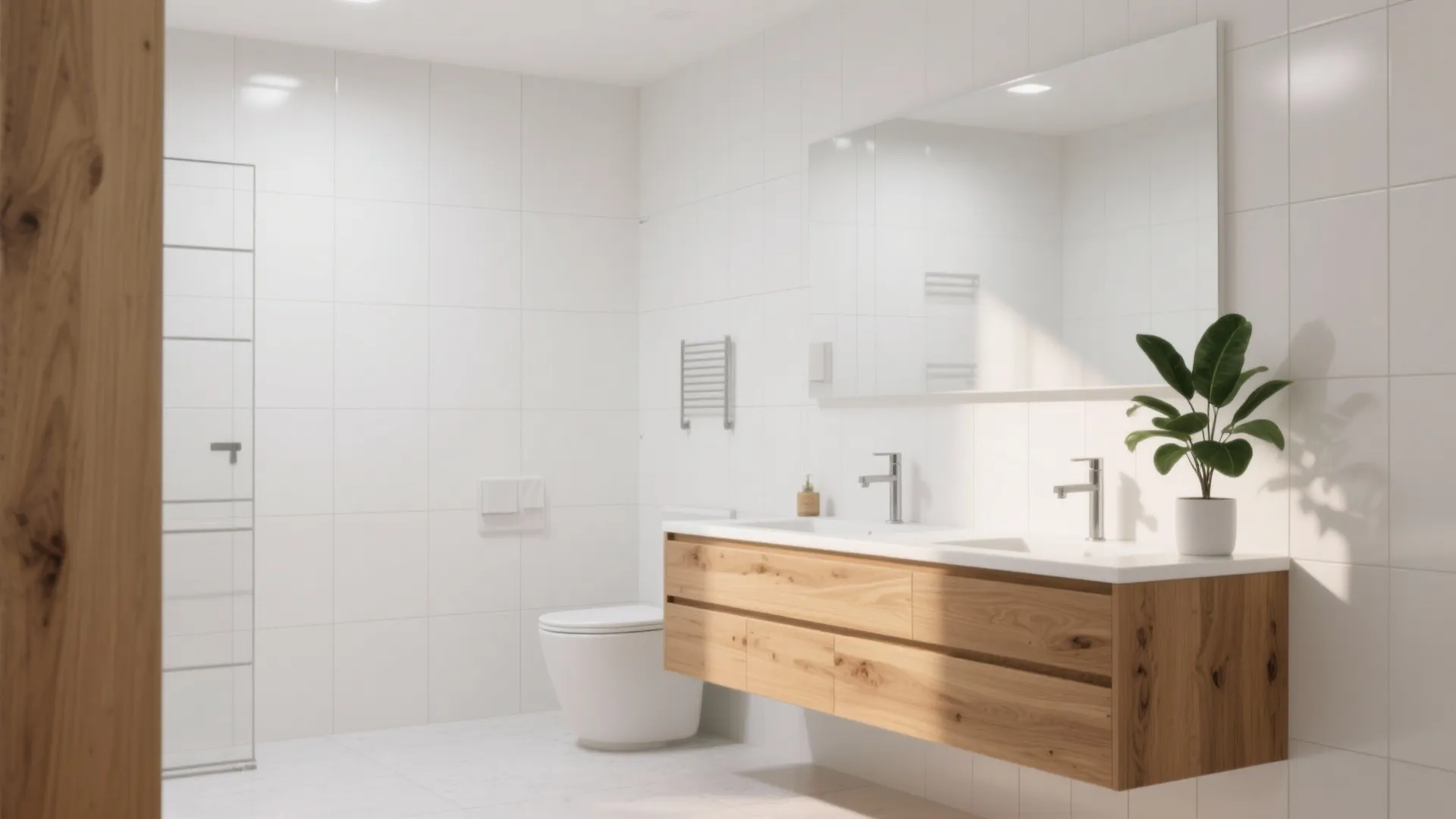 Bright bathroom with white wall tiles large mirror wooden cabinet two sinks and green plant