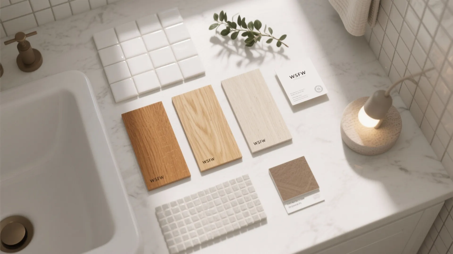 Interior design material board with wood samples white wall tiles and fabric on marble countertop