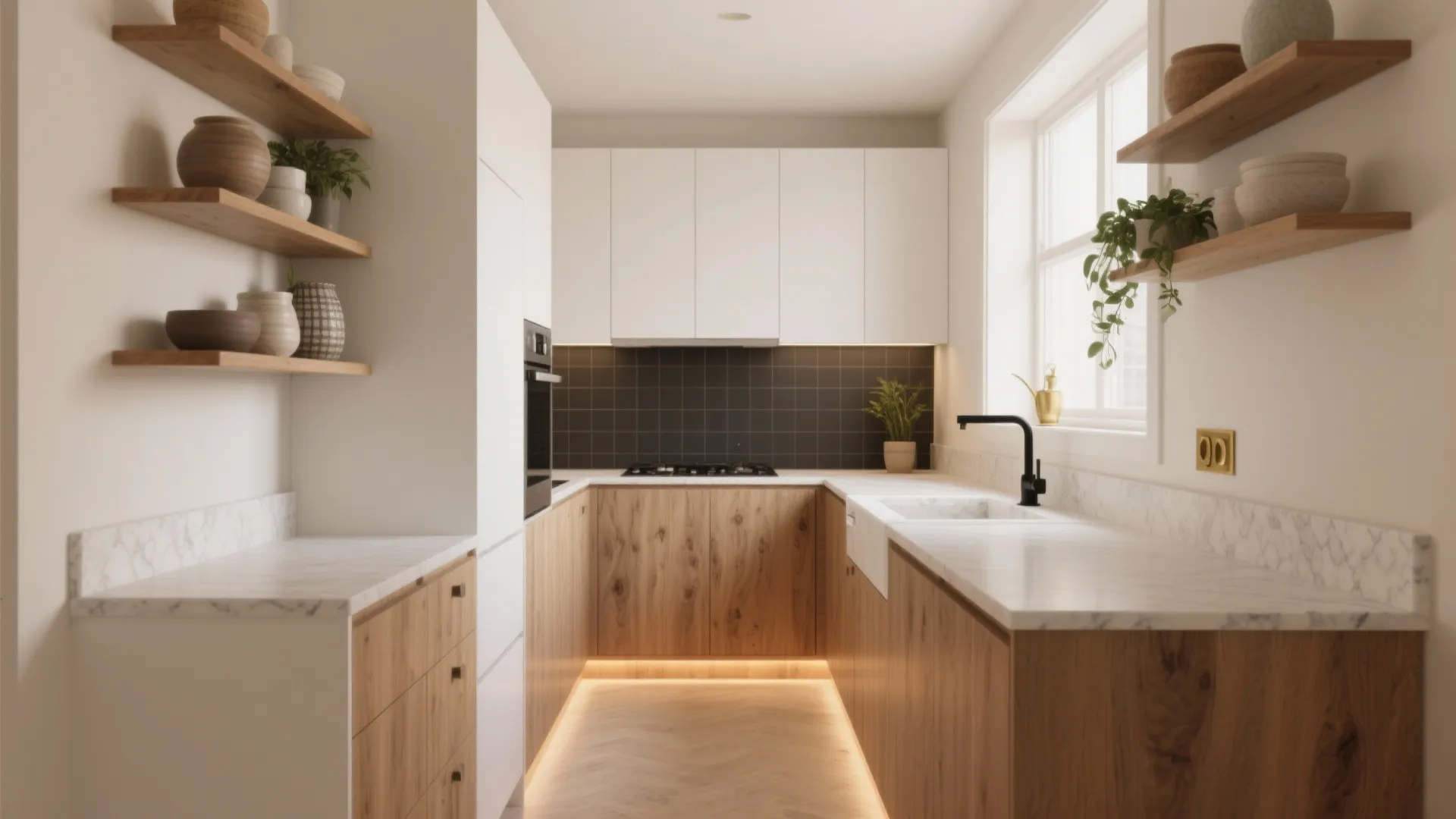 Modern u-shaped kitchen with white upper cabinets wooden lower cabinets and marble countertop and backsplash