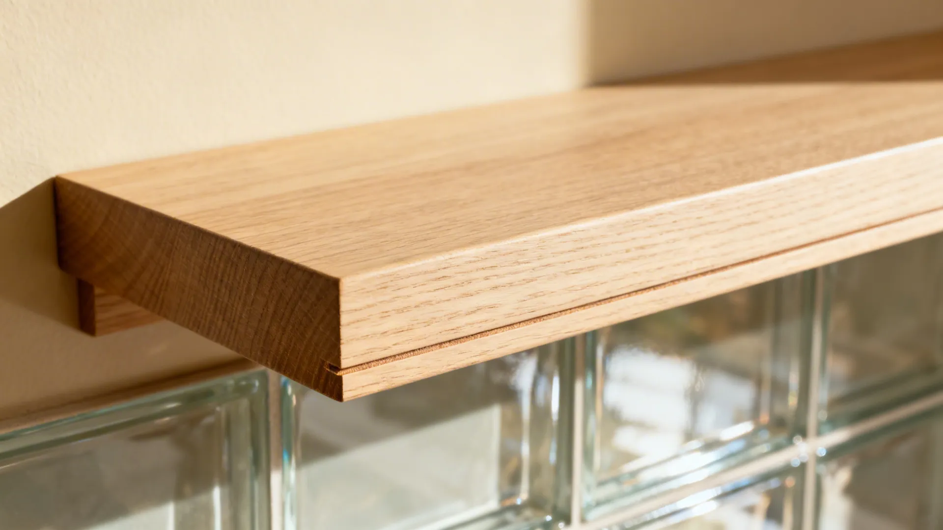 Macro of a white oak shelf with satin finish glowing in warm light.