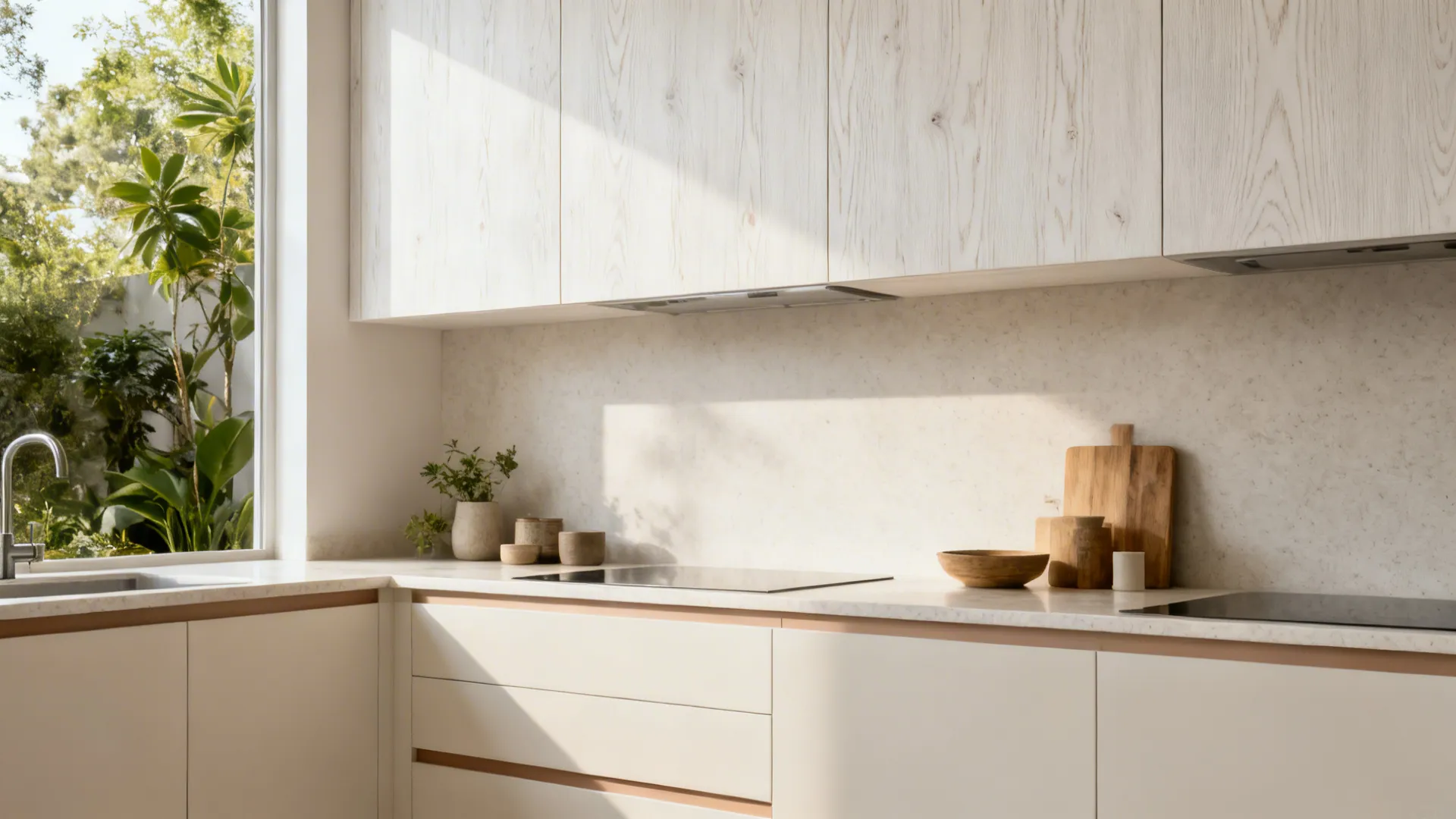 Modern kitchen with light white-oak veneer uppers and neutral painted lower cabinets.