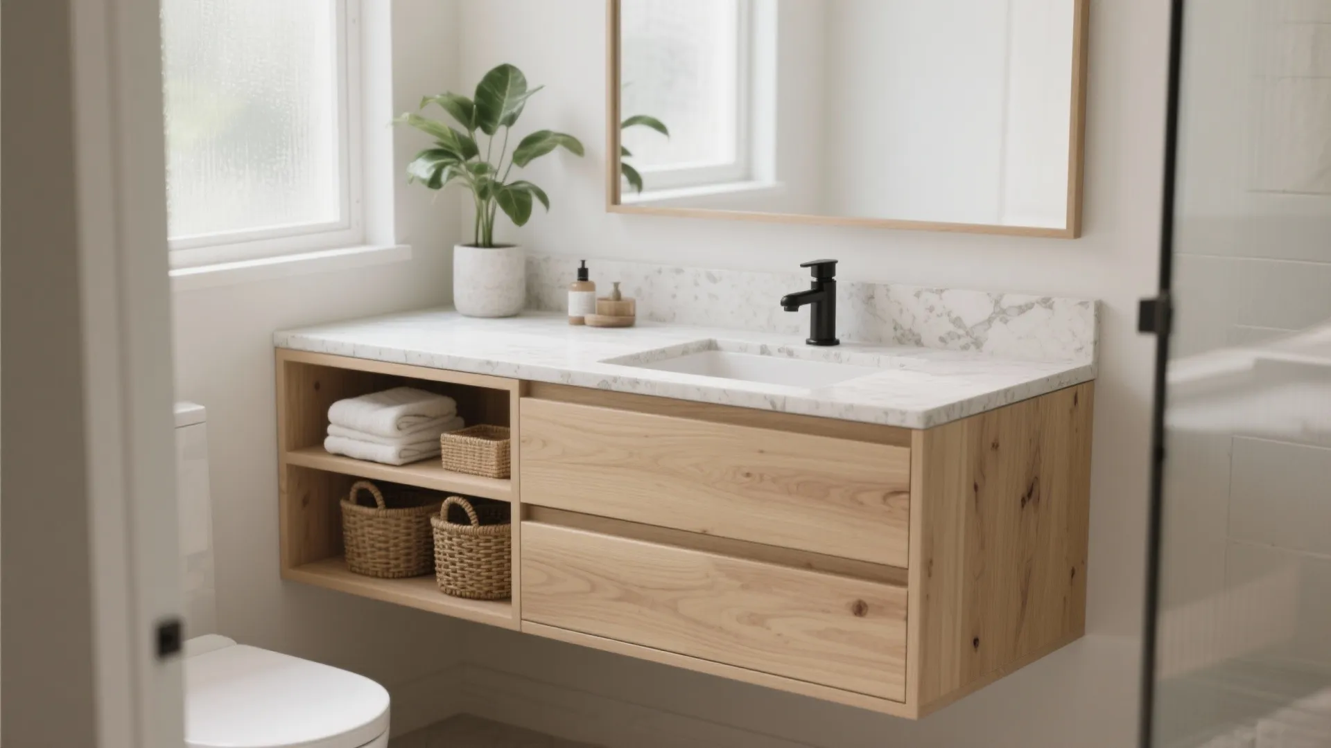 Modern floating wood bathroom cabinet with marble top black faucet mirror and green potted plant