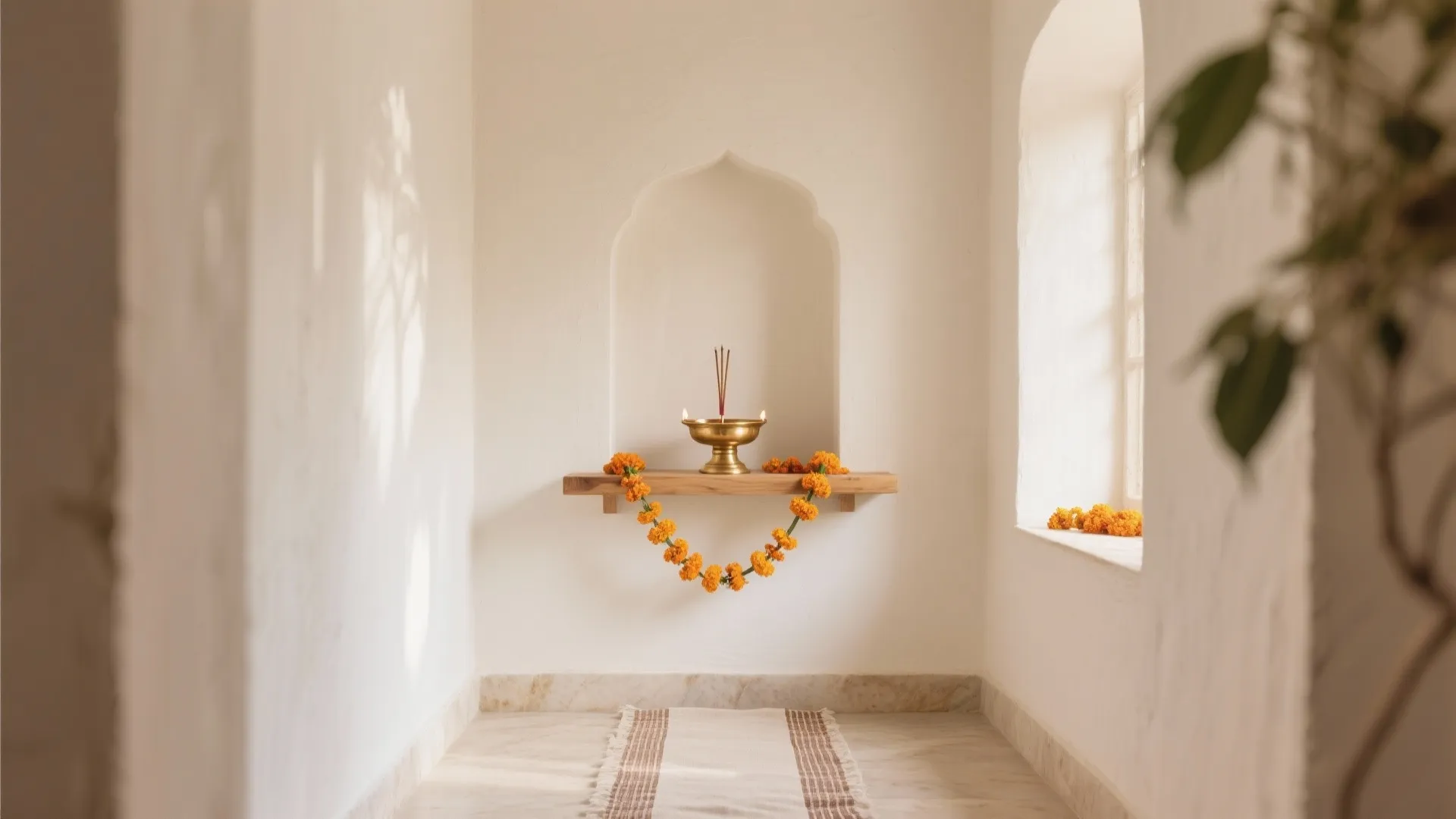 Minimalist white prayer space with arched wall niche wooden shelf brass bowl and orange flowers