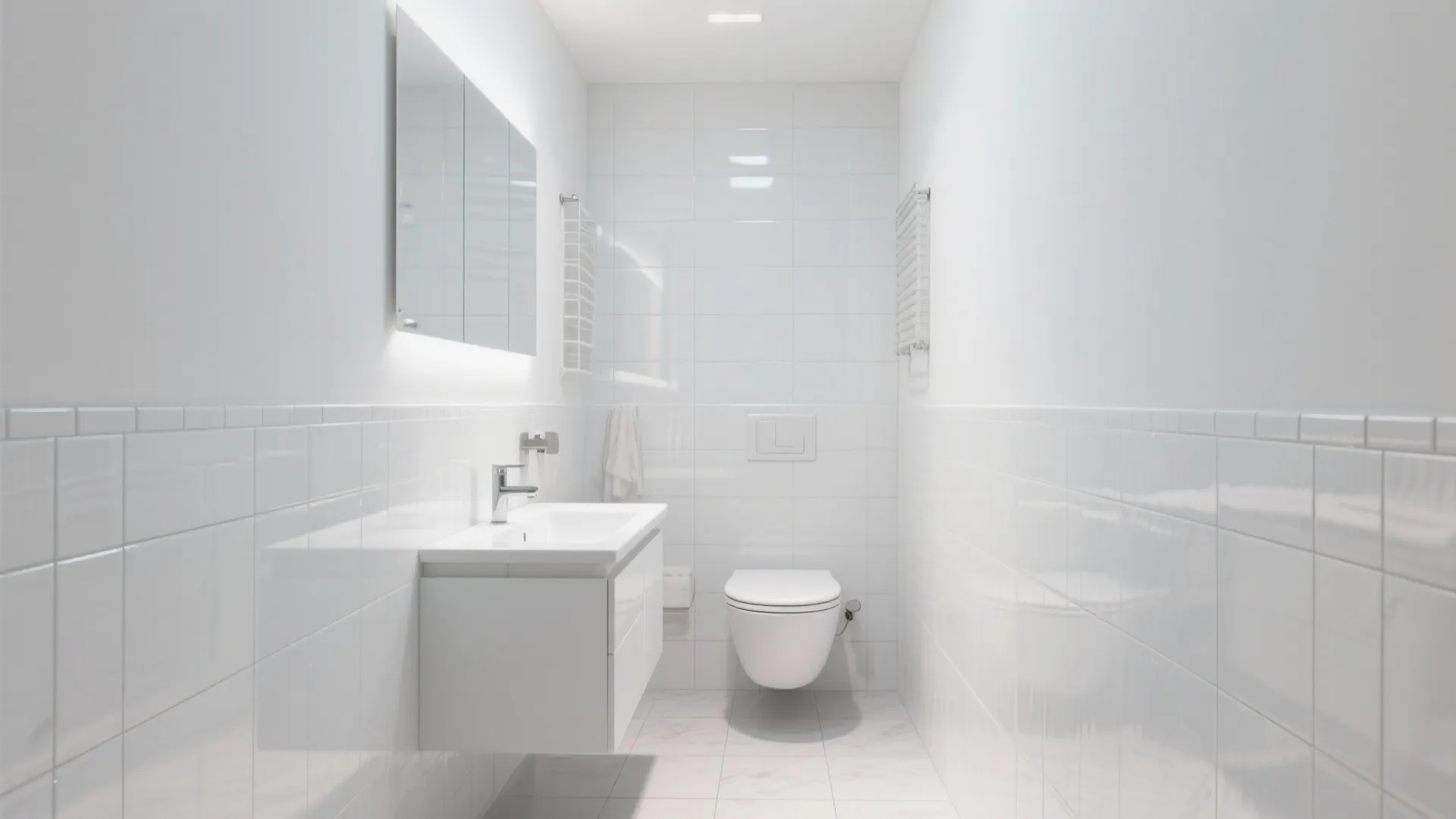 Minimalist white bathroom with wall toilet white sink mirror and matching tiles on the walls