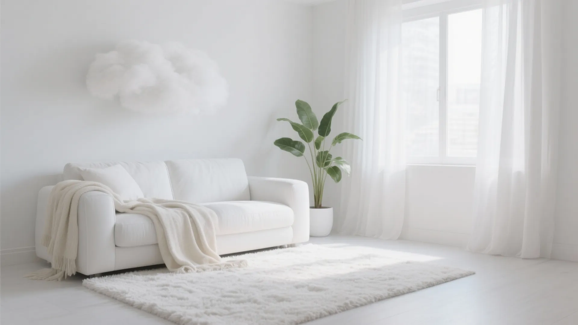 Minimalist white living room with sofa plant white curtain cloud wall decoration and a soft rug
