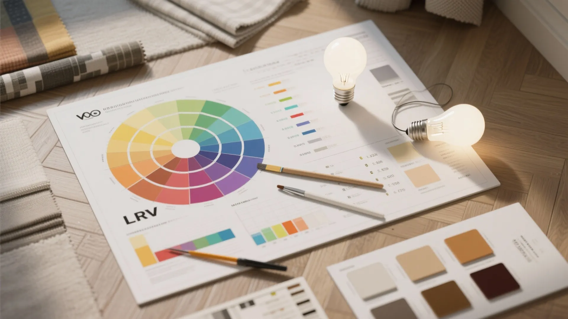 Color wheel chart with light bulbs and paint brushes placed on a light wooden floor