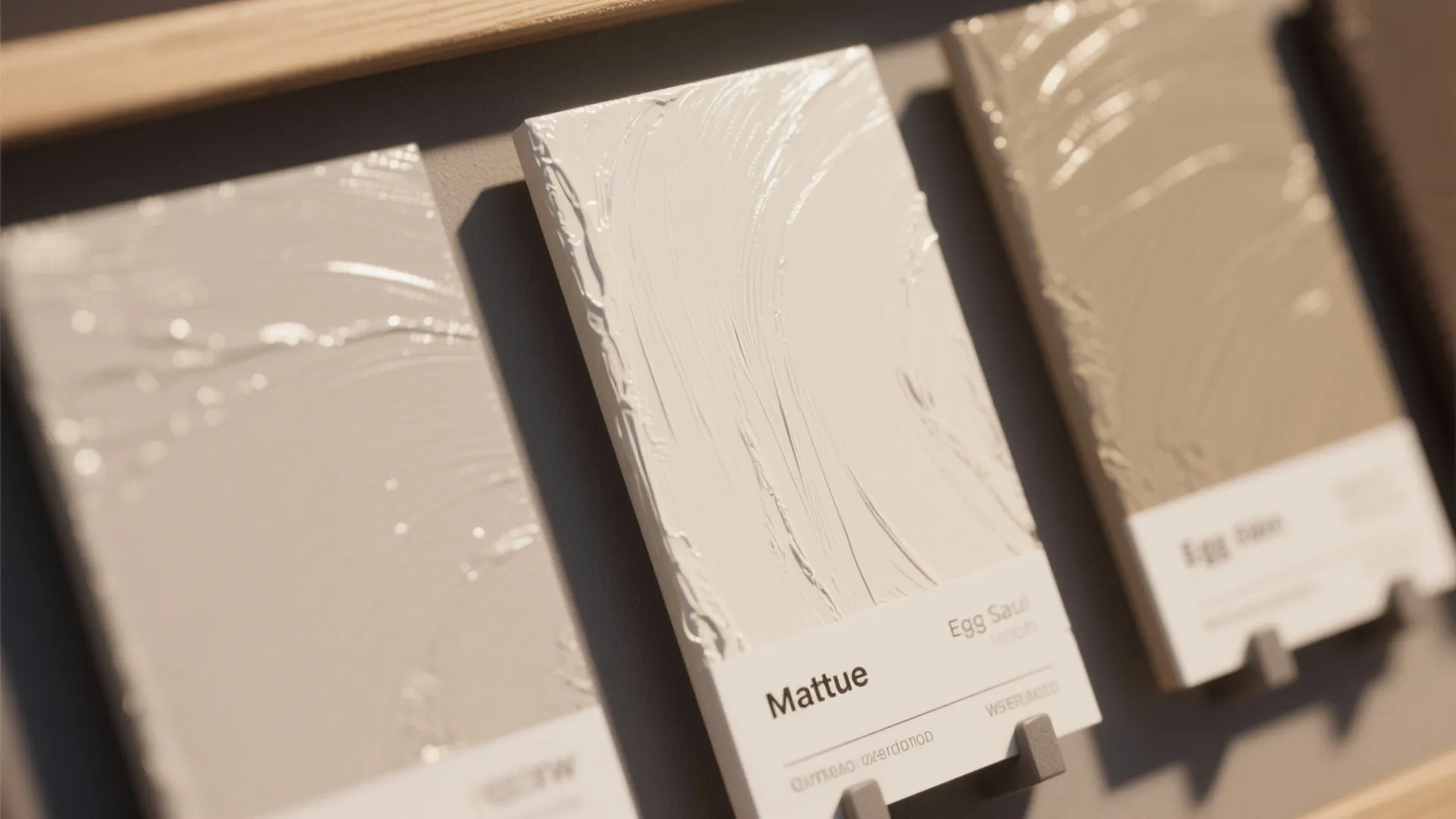 Close-up comparison of matte, eggshell and satin paint finishes showing texture and reflectivity.