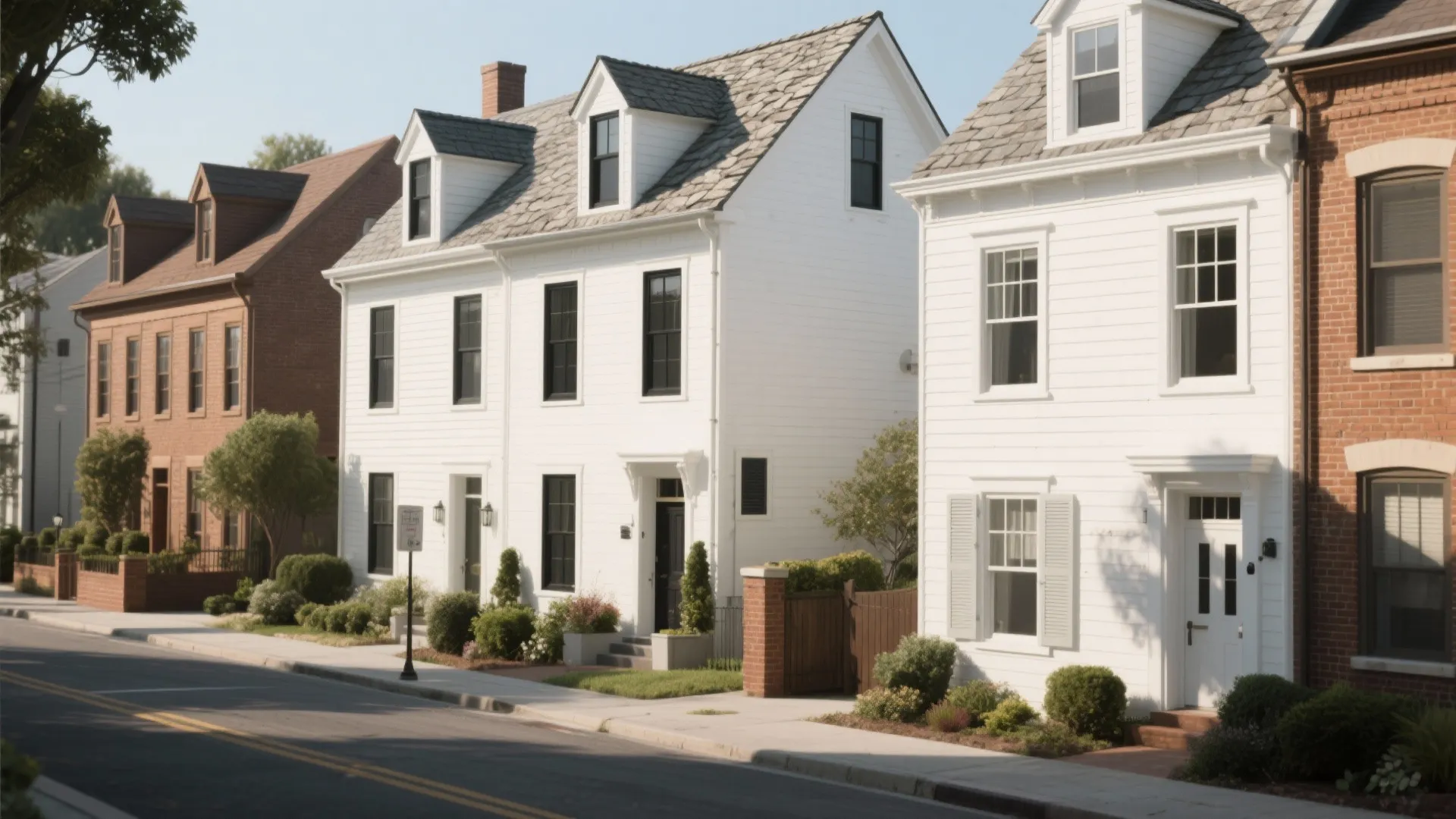 Street view of row houses with white wood siding brick walls black windows and small gardens