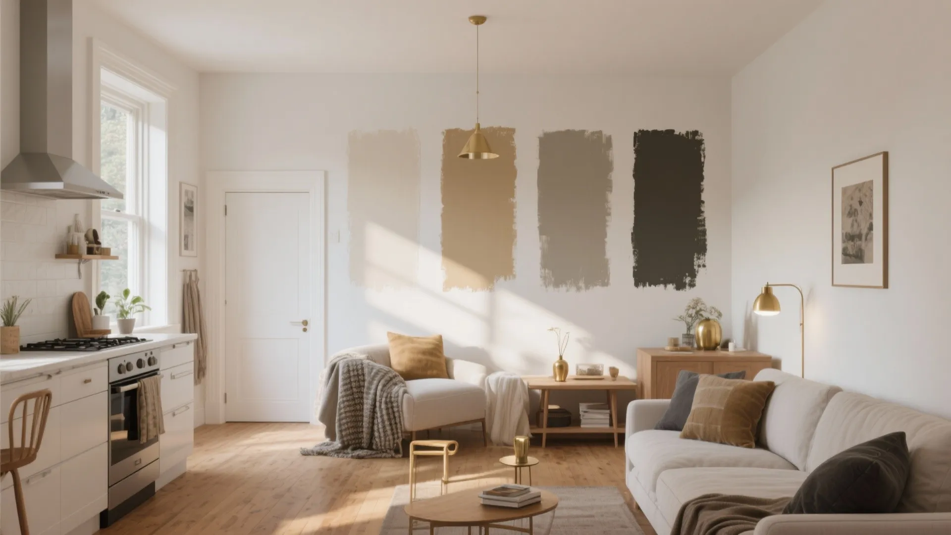 Modern white living room with paint swatches on wall sofa kitchen area and wood floor
