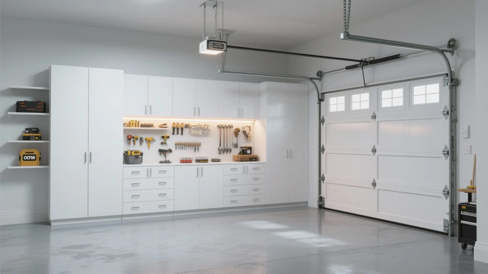Organized garage interior showing white storage cabinets plus workbench and tools beside white garage door