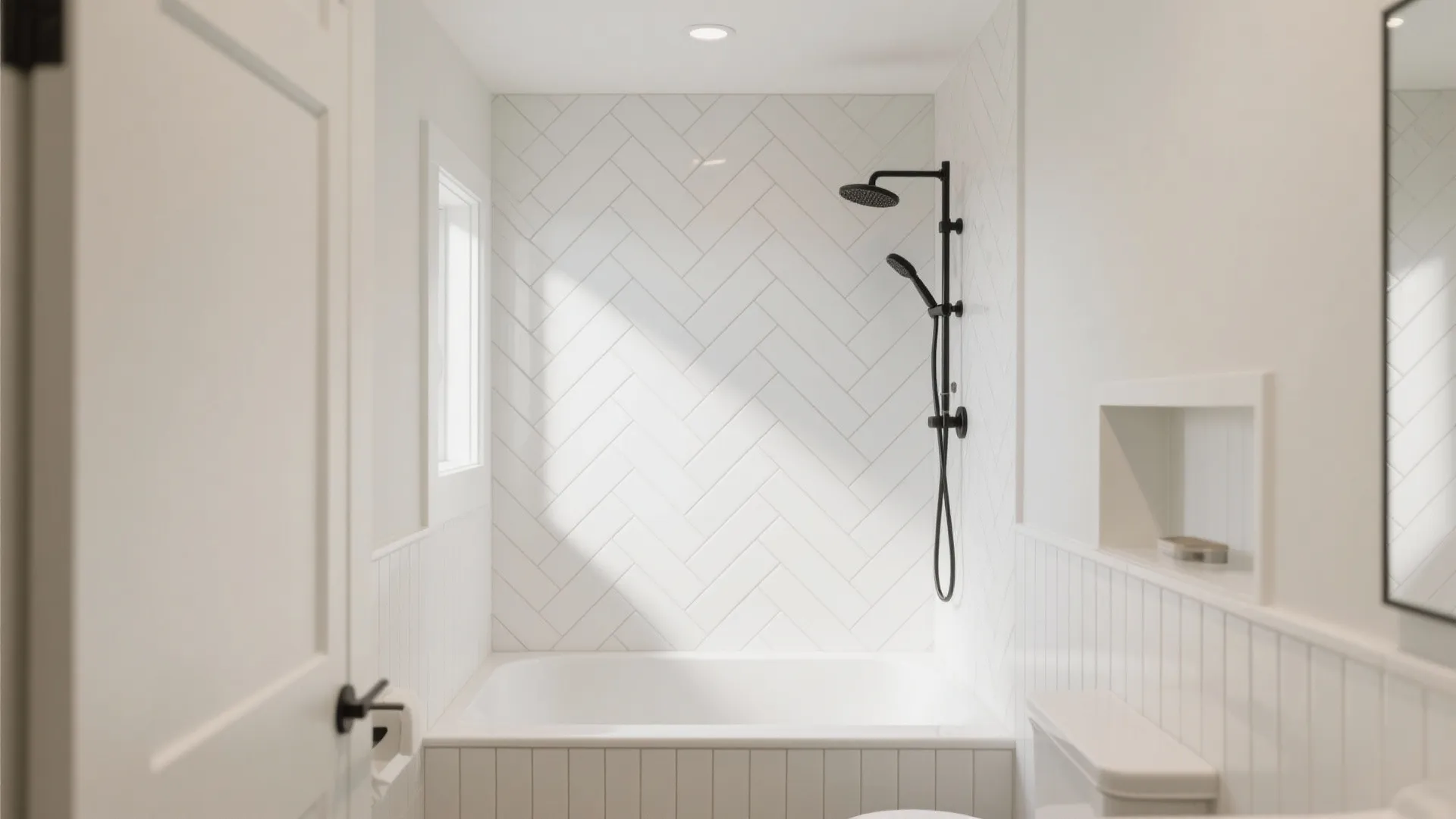 Modern white bathroom with bathtub black shower head wall panel tile pattern and natural light