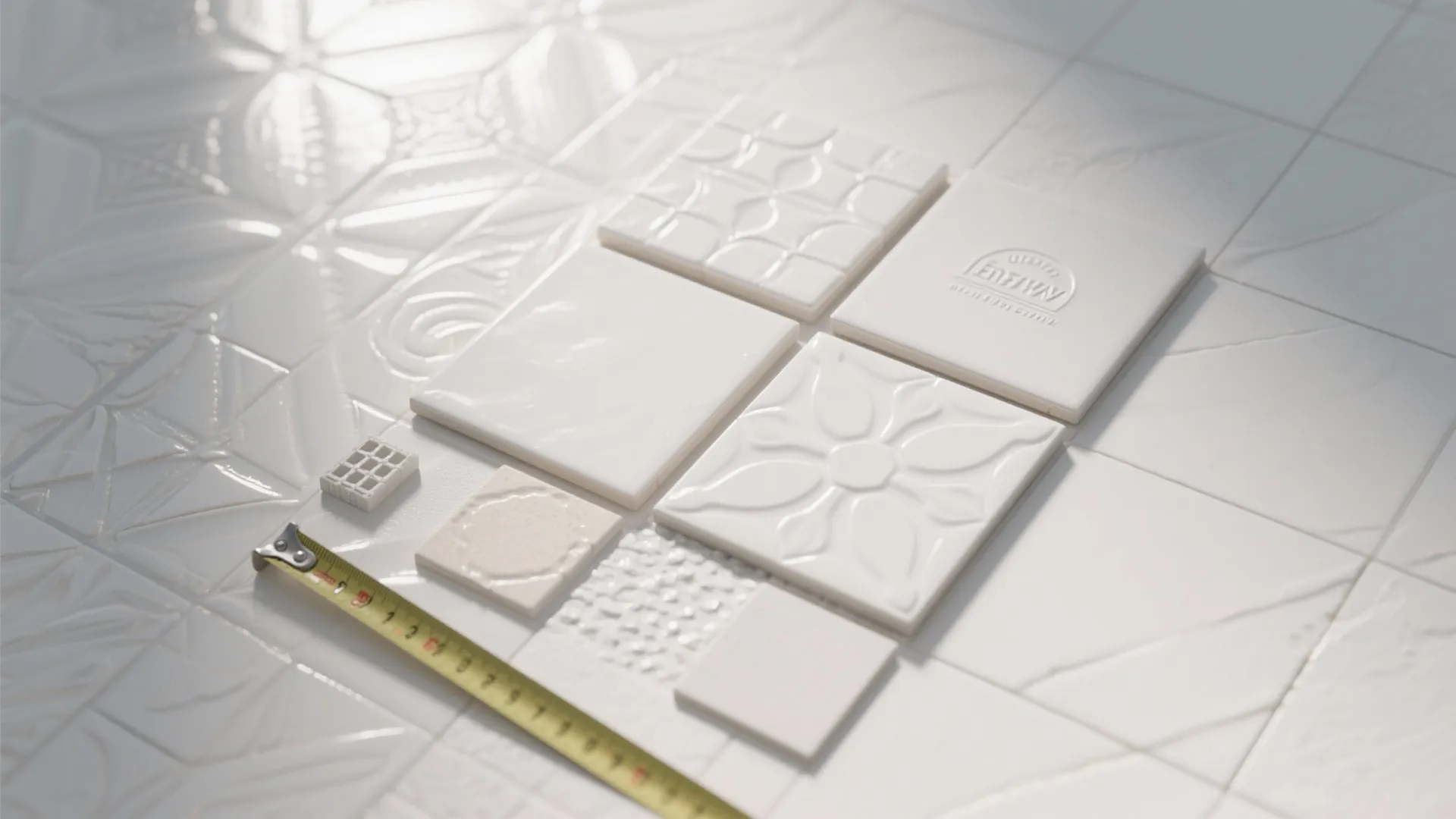 Flatlay of white-on-white patterned tile samples in matte and gloss