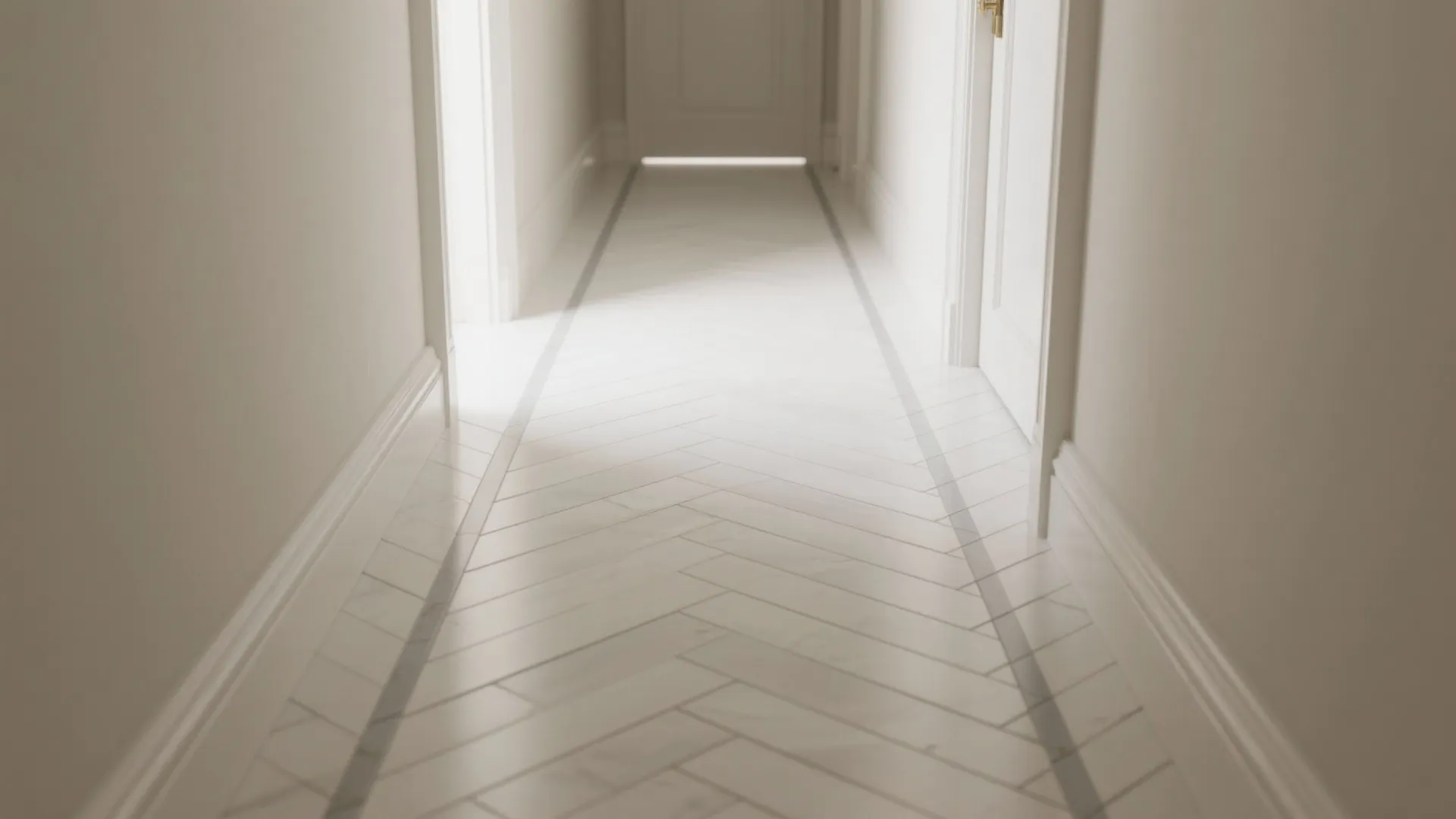 Bright hallway with white walls and a light grey chevron pattern tile floor design layout