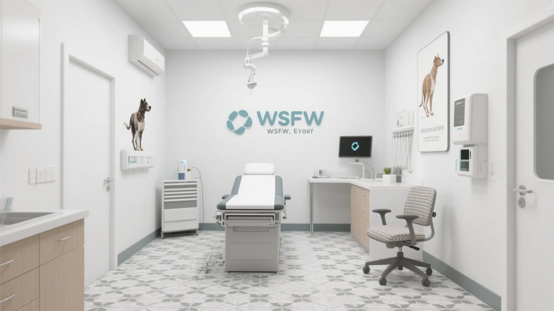 Treatment room with crisp white walls and patterned tiles