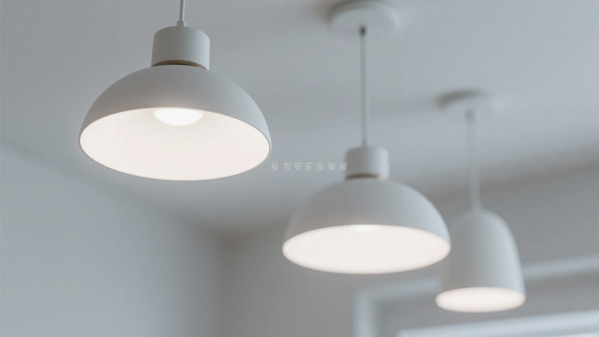 Three minimalist white ceiling light fixtures hanging in a row against a clean white background