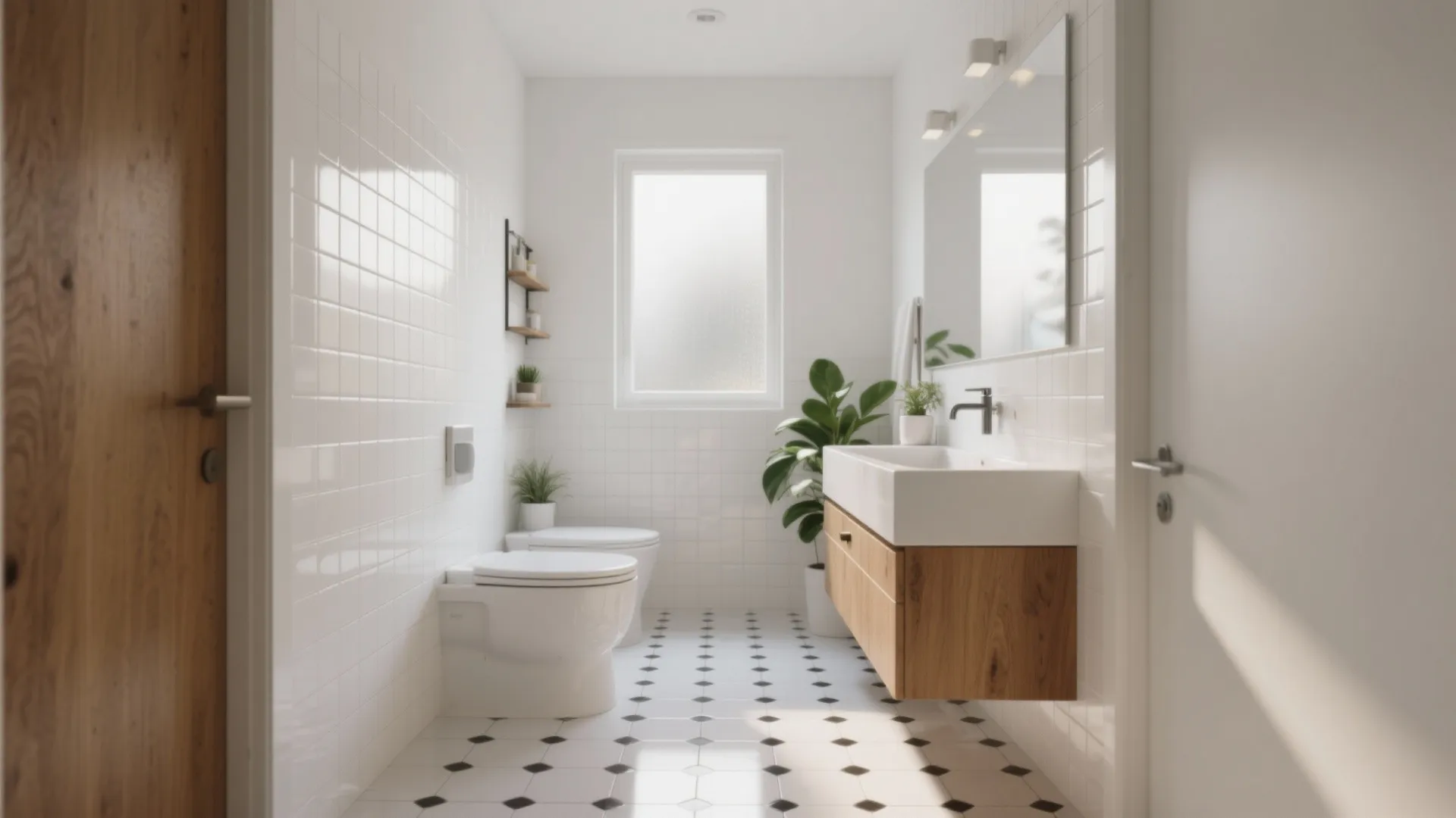 Bright bathroom with white wall tiles wooden cabinet white sink and black and white flooring