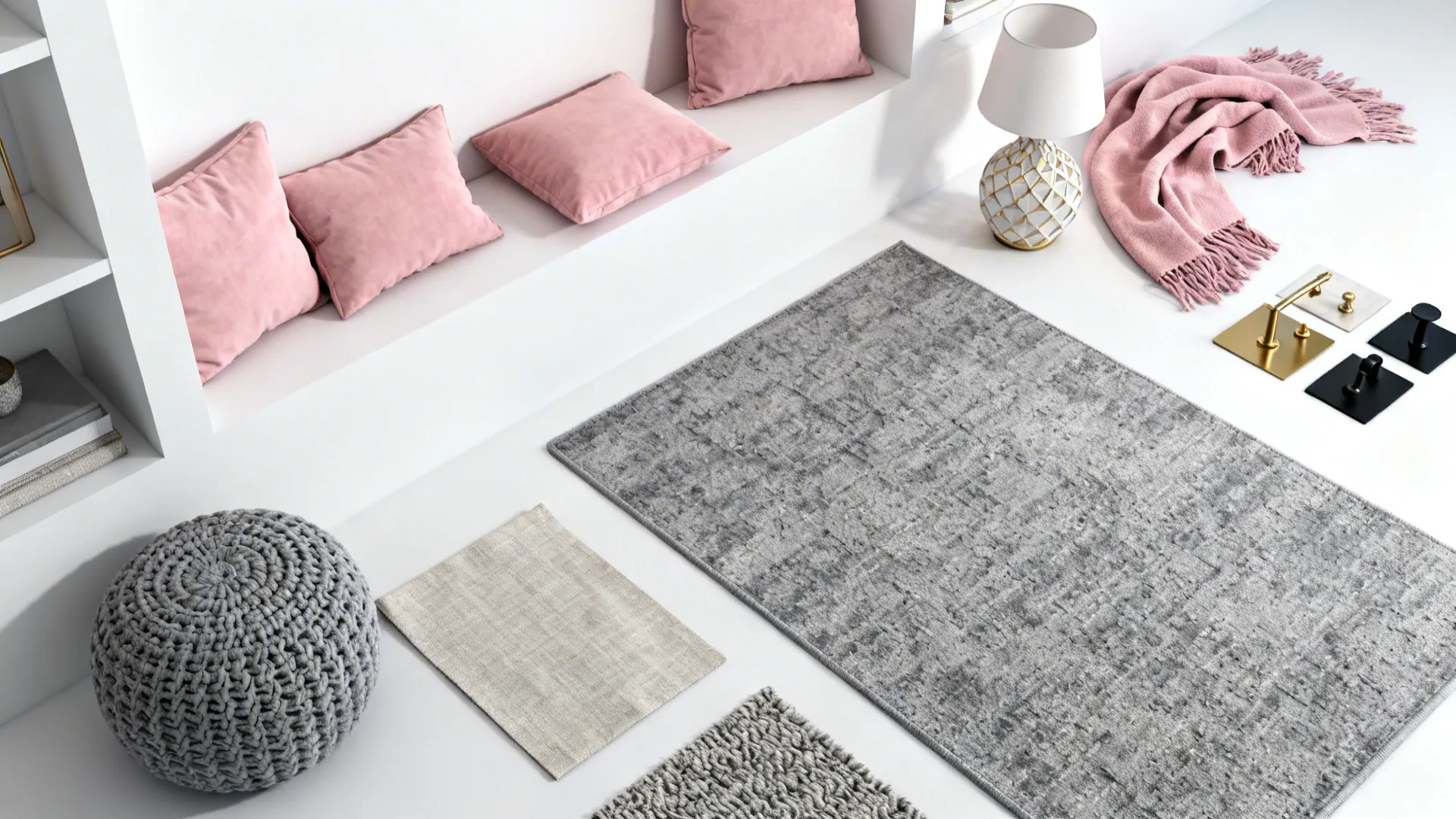Flatlay of pink accessories and grey textures on a white backdrop