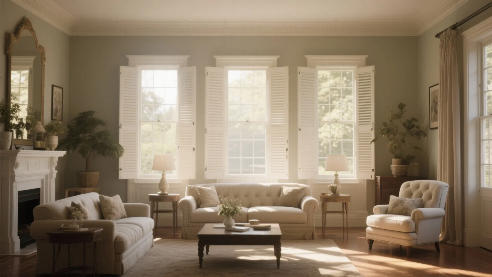 Classic living room with three large windows featuring white wooden shutters and elegant beige furniture