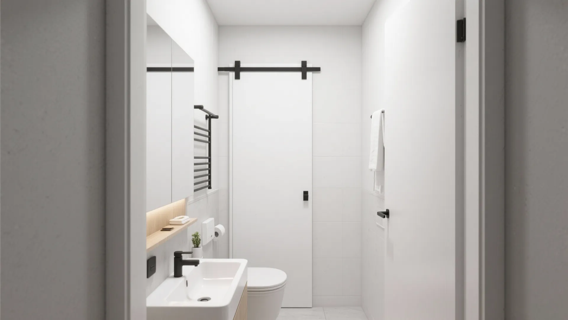 White bathroom interior featuring sliding barn door white sink toilet mirror and black metal hardware