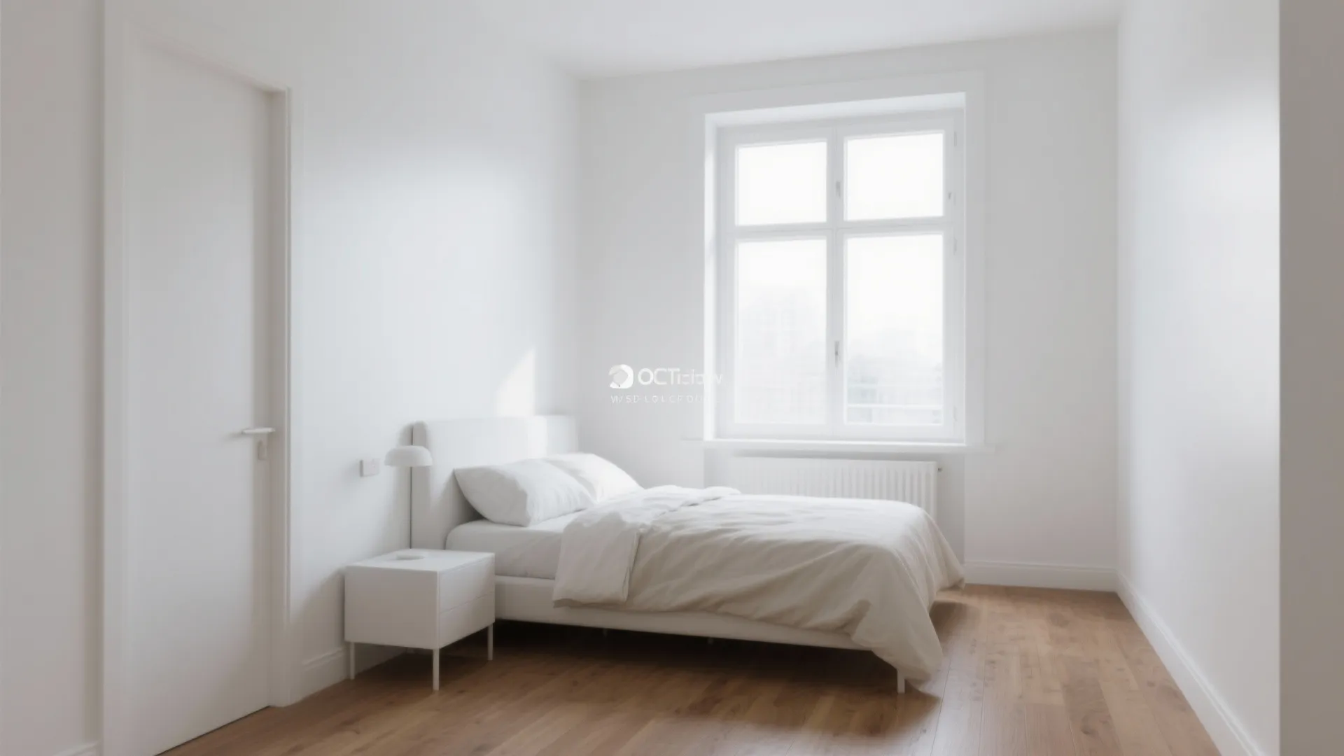 North-facing small bedroom with bright white primed walls reflecting daylight to appear larger.