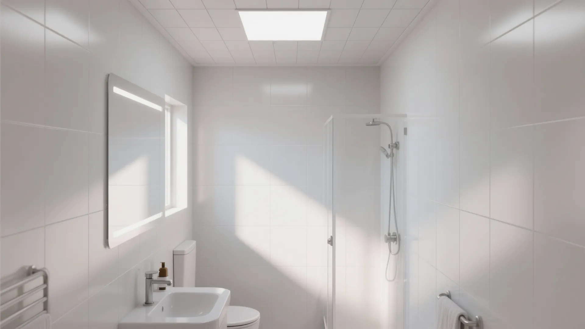 Modern white bathroom with square tiles glass shower sink toilet and bright ceiling light fixture