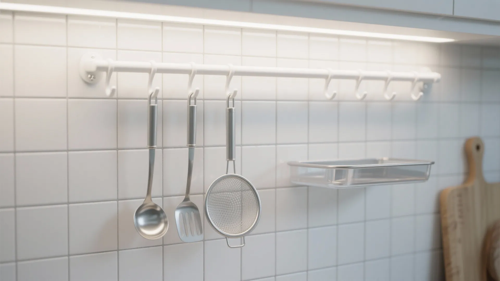 3. Slim wall-mounted rail with white hooks