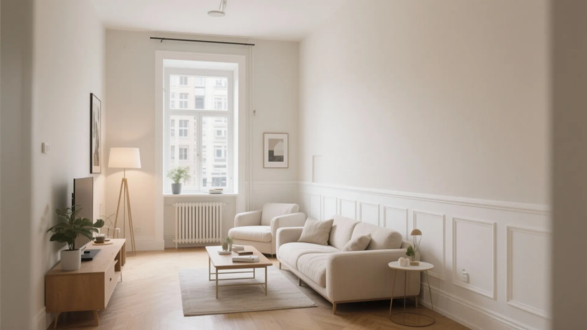Bright neutral living room with cream sofa coffee table floor lamp and white wall panels