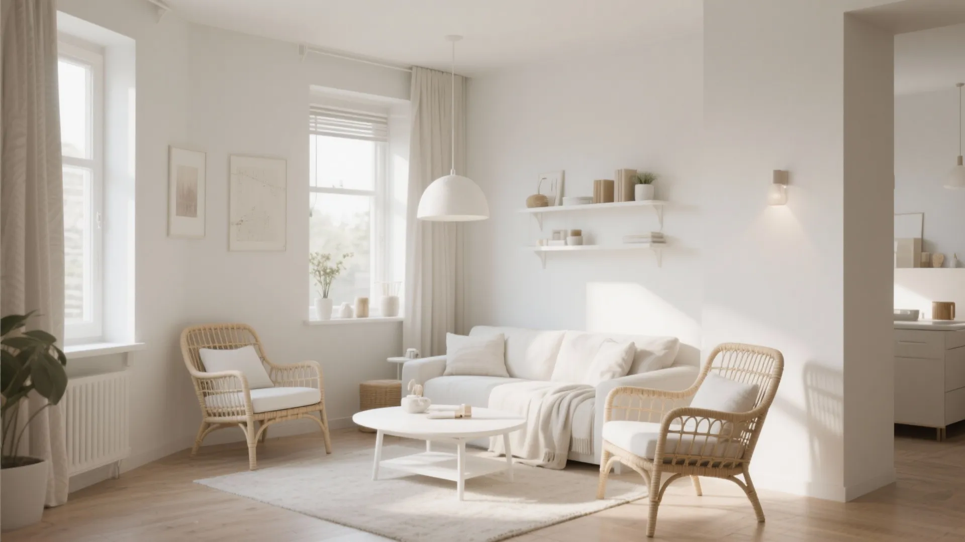 Crisp white painted rattan chairs in a bright room