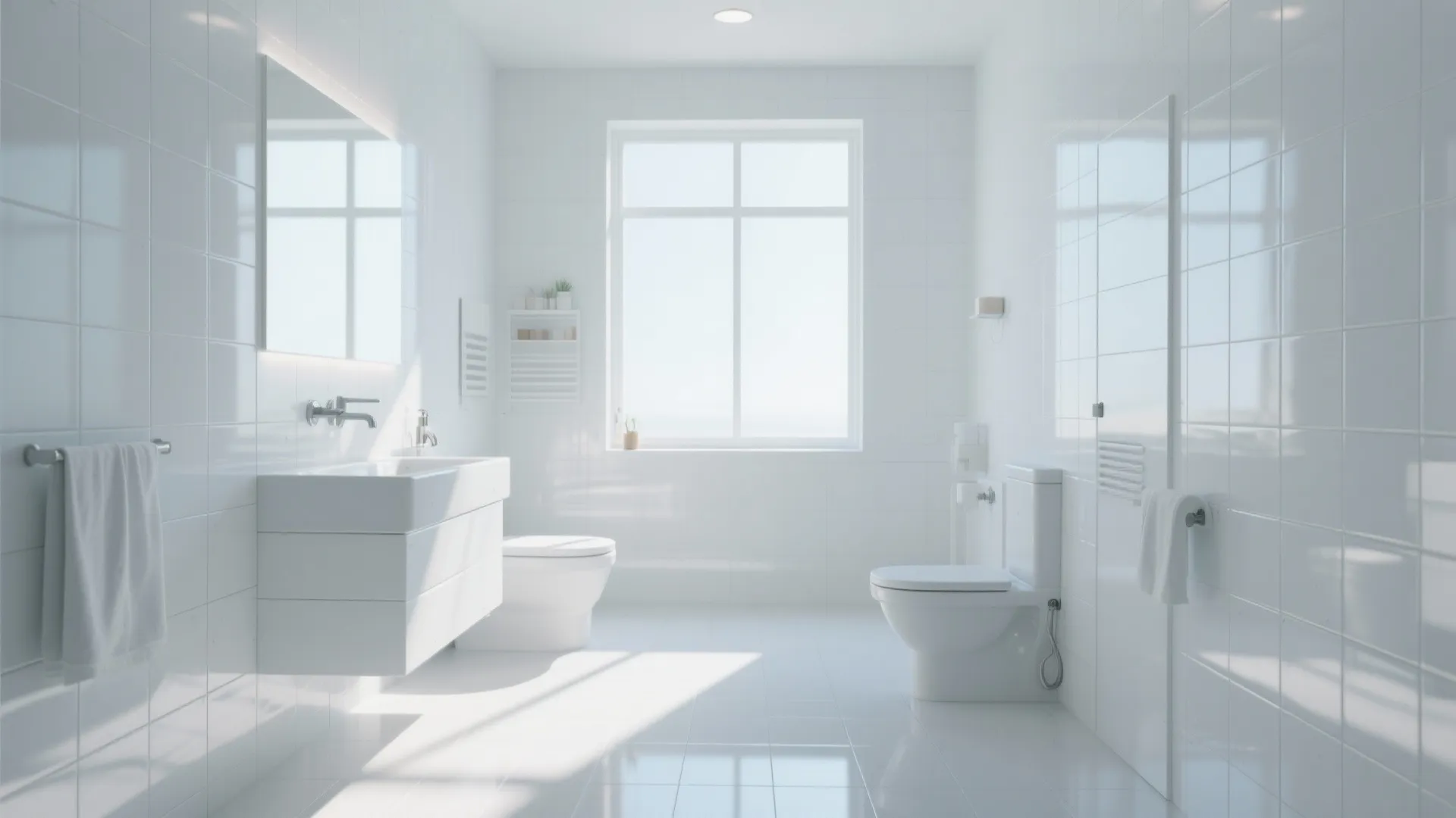 Bathroom with high-gloss white painted tiles and bright sunlight