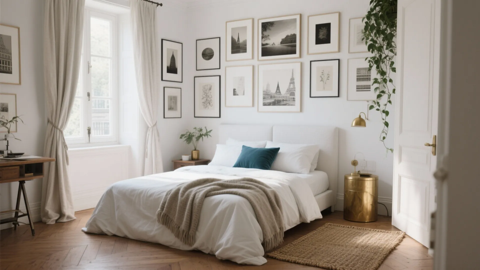 Bright white bedroom with gallery wall wooden floor green plants and gold bedside table desk
