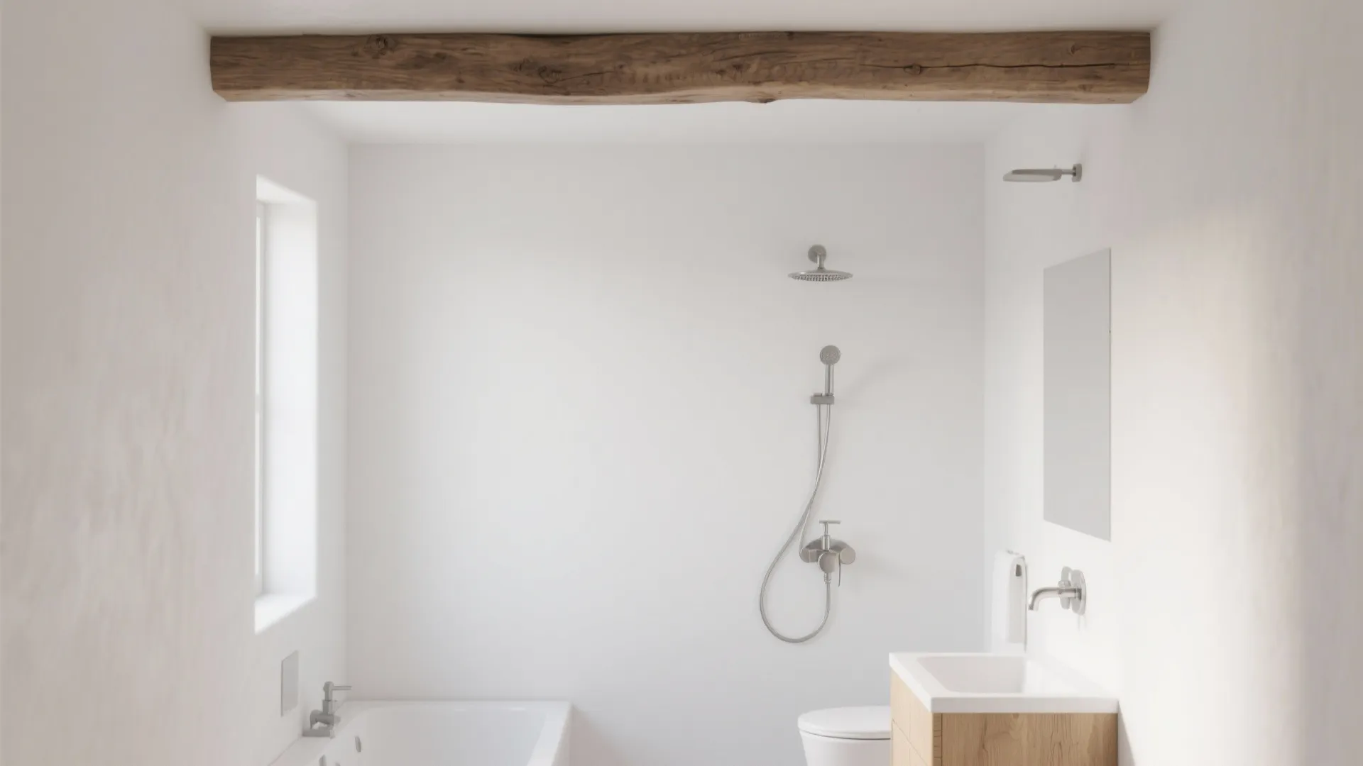 3. Minimalist White Walls with Rustic Beam