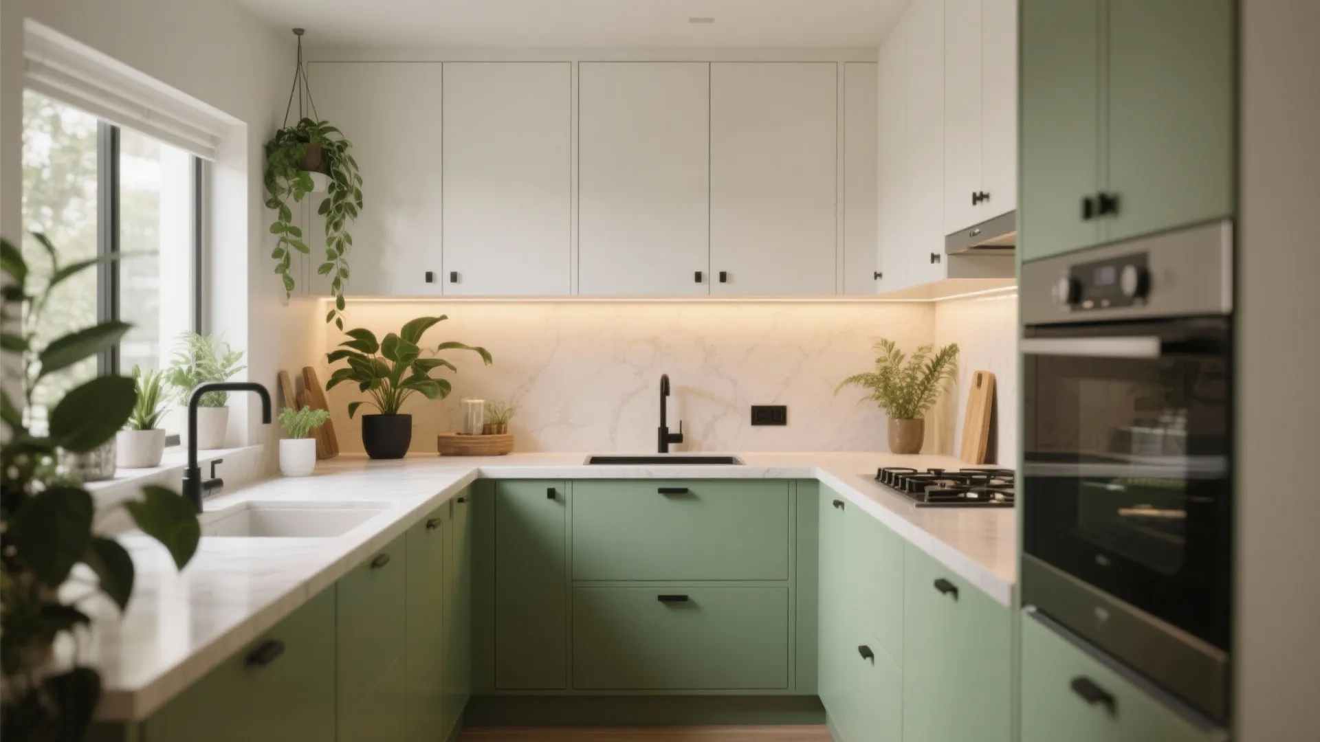 2) Crisp White + Sage Green + Matte Black