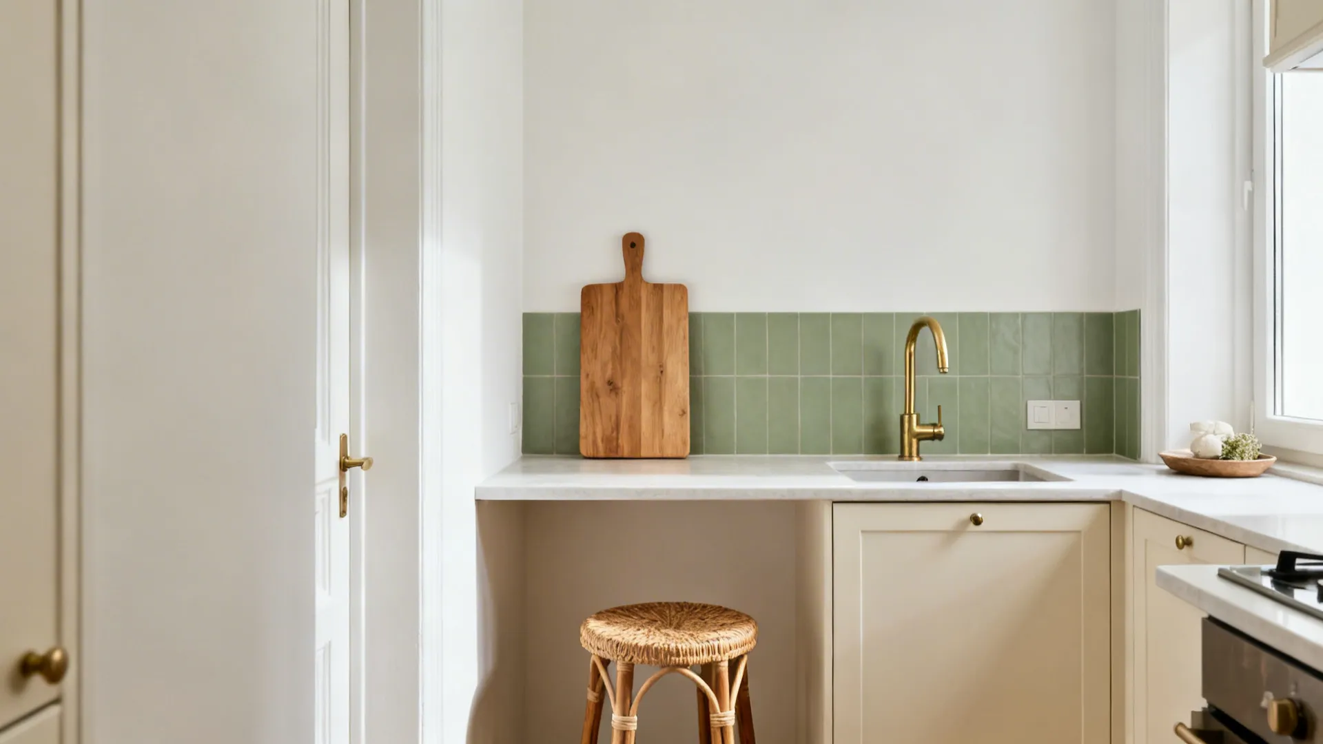 Soft white walls with a sage green backsplash return in a compact kitchen with oak and brass details.