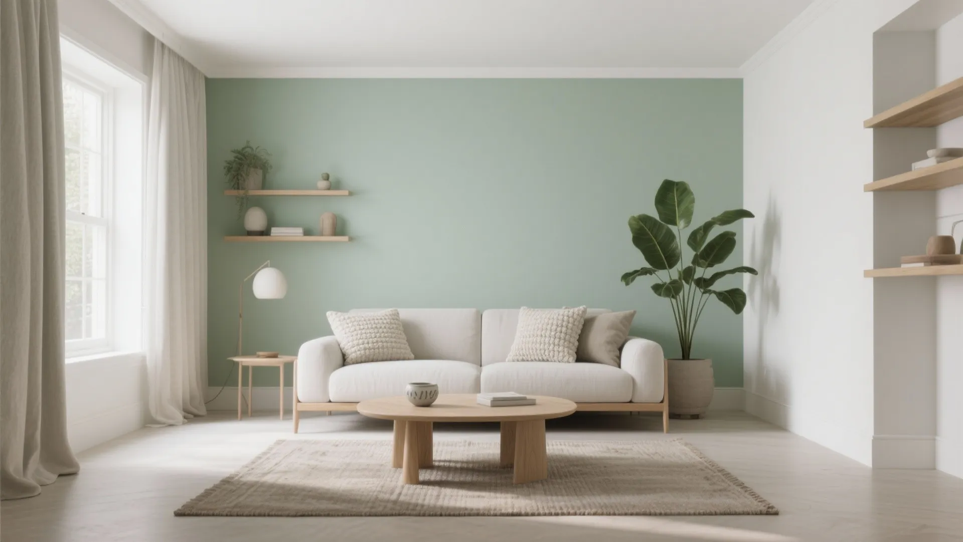 Modern living room with sage green accent wall white sofa wooden coffee table and indoor plant