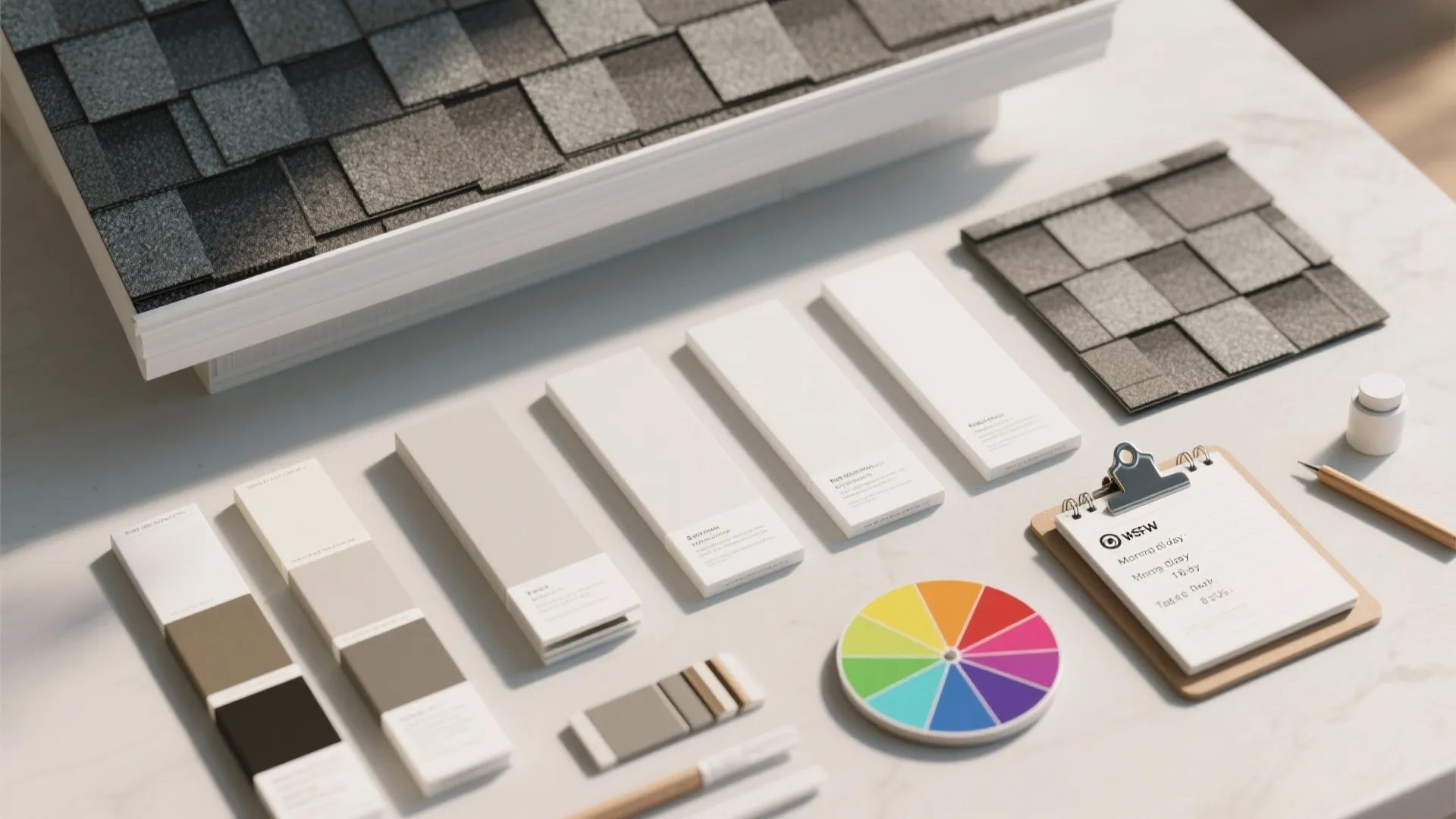 Roofing shingles and white color swatches with a color wheel and clipboard on a table