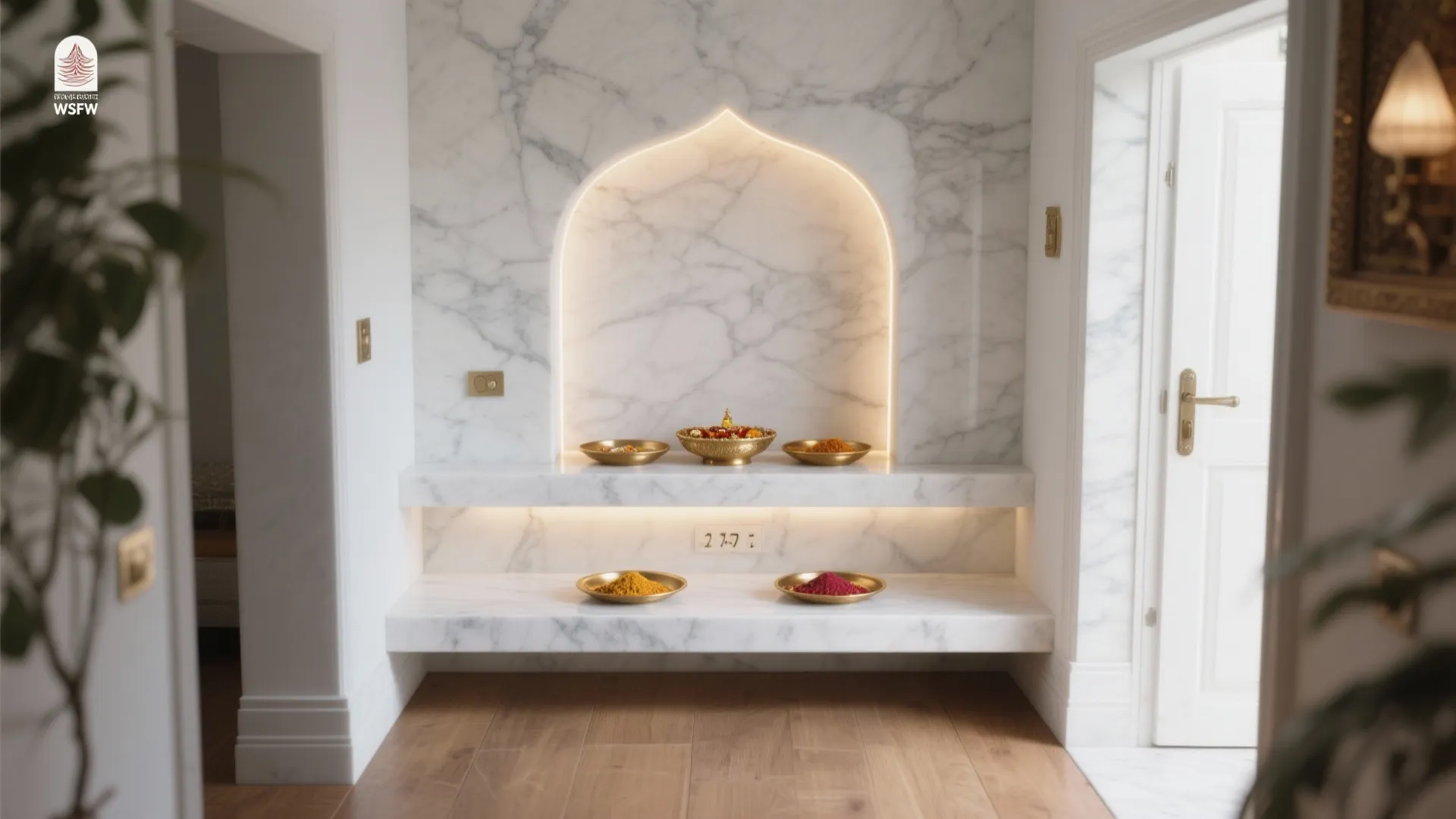 Marble wall with lit arch and two shelves holding gold bowls and wood floor design
