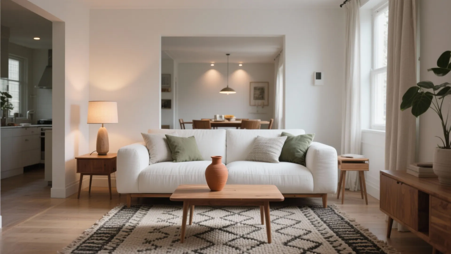 White sofa with green cushions and wood coffee table in a bright open living room