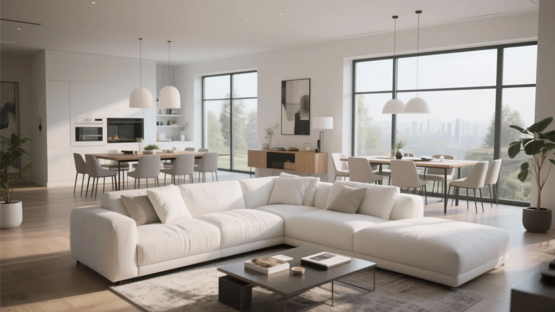 Modern open plan living room with large white sofa dining table kitchen and big windows