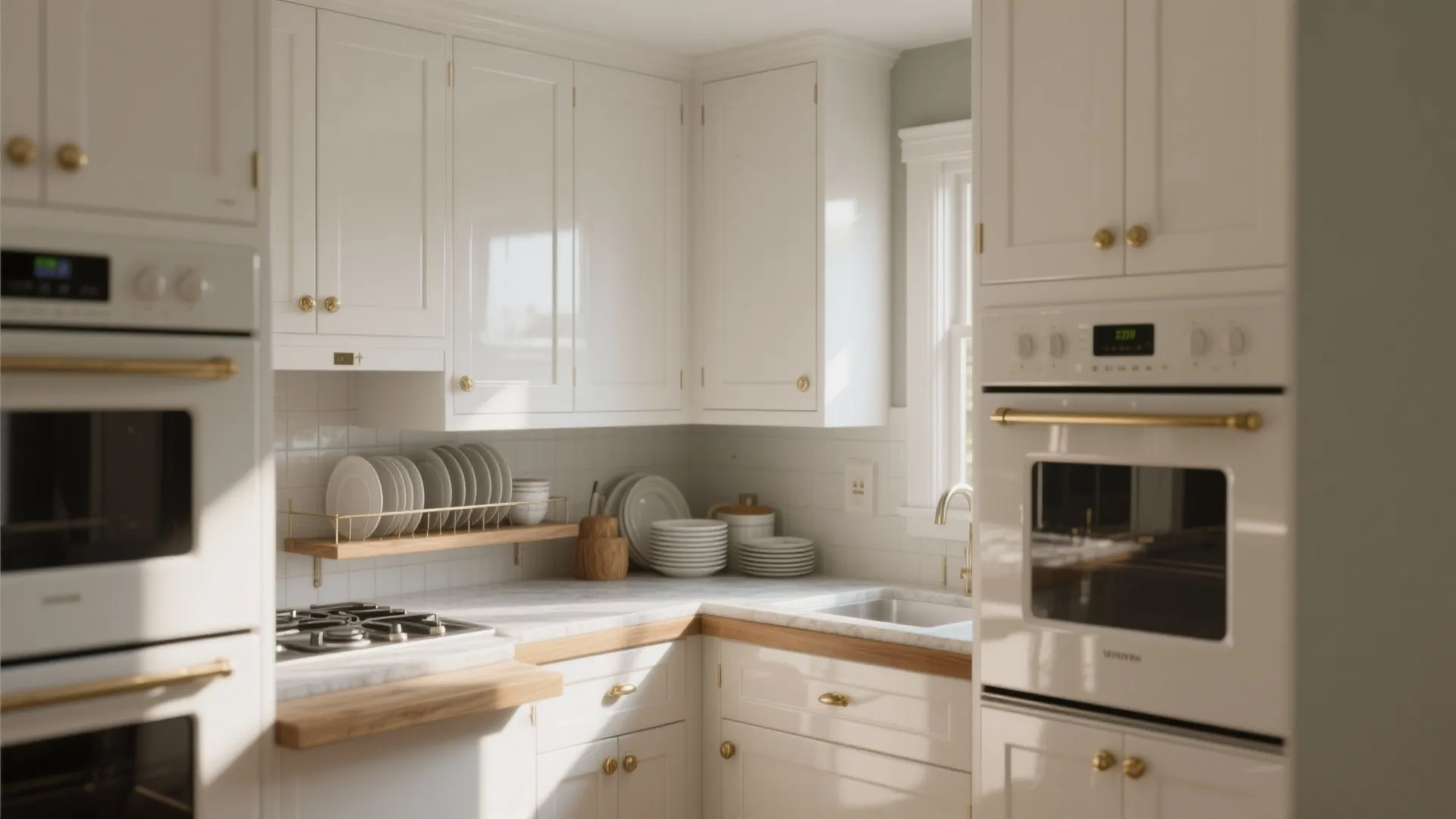 Bright white kitchen with semi-gloss cabinets gold handles marble countertop stove sink and wall oven
