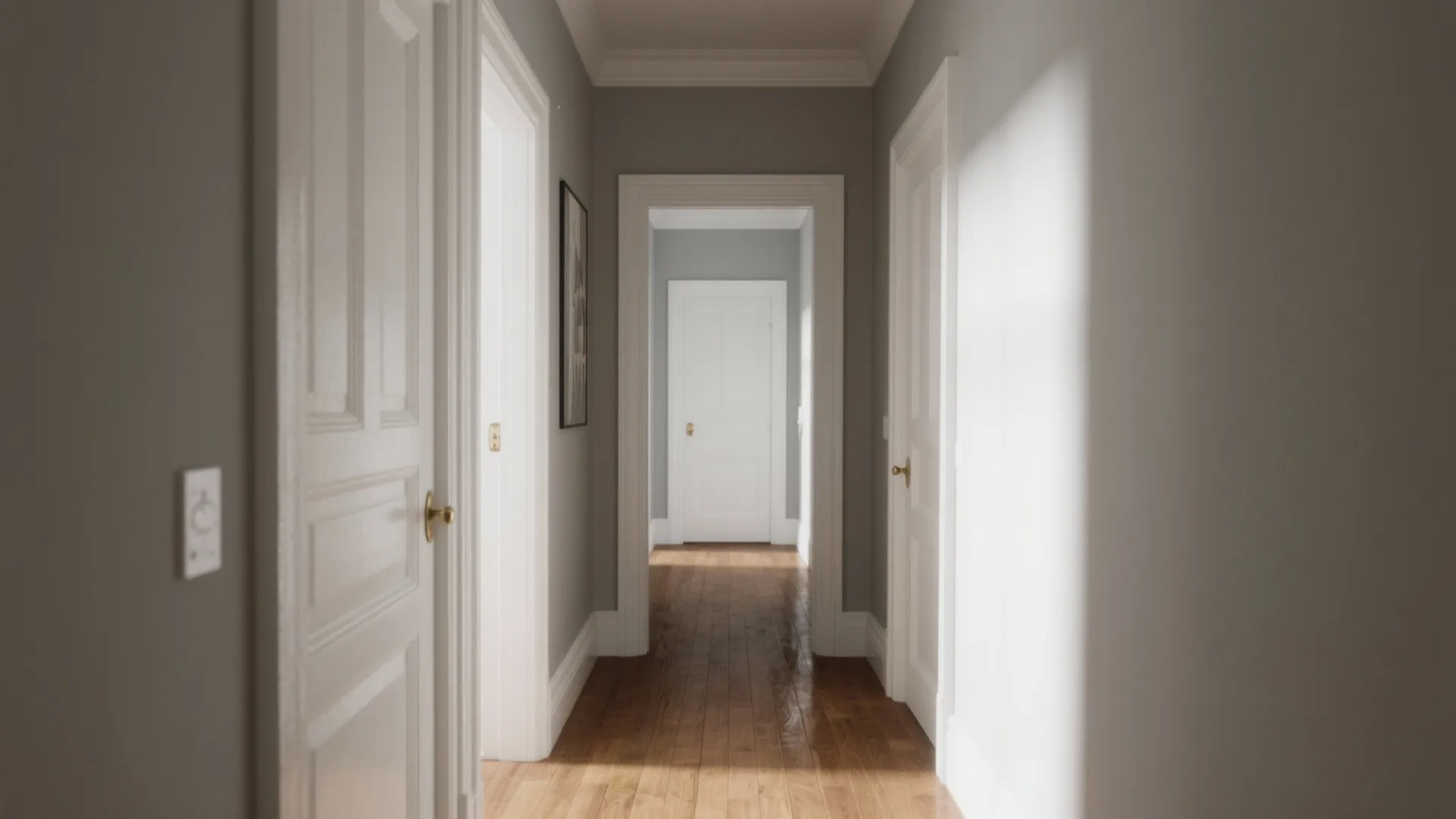 Long hallway with grey walls white doors wooden flooring and natural light from a window