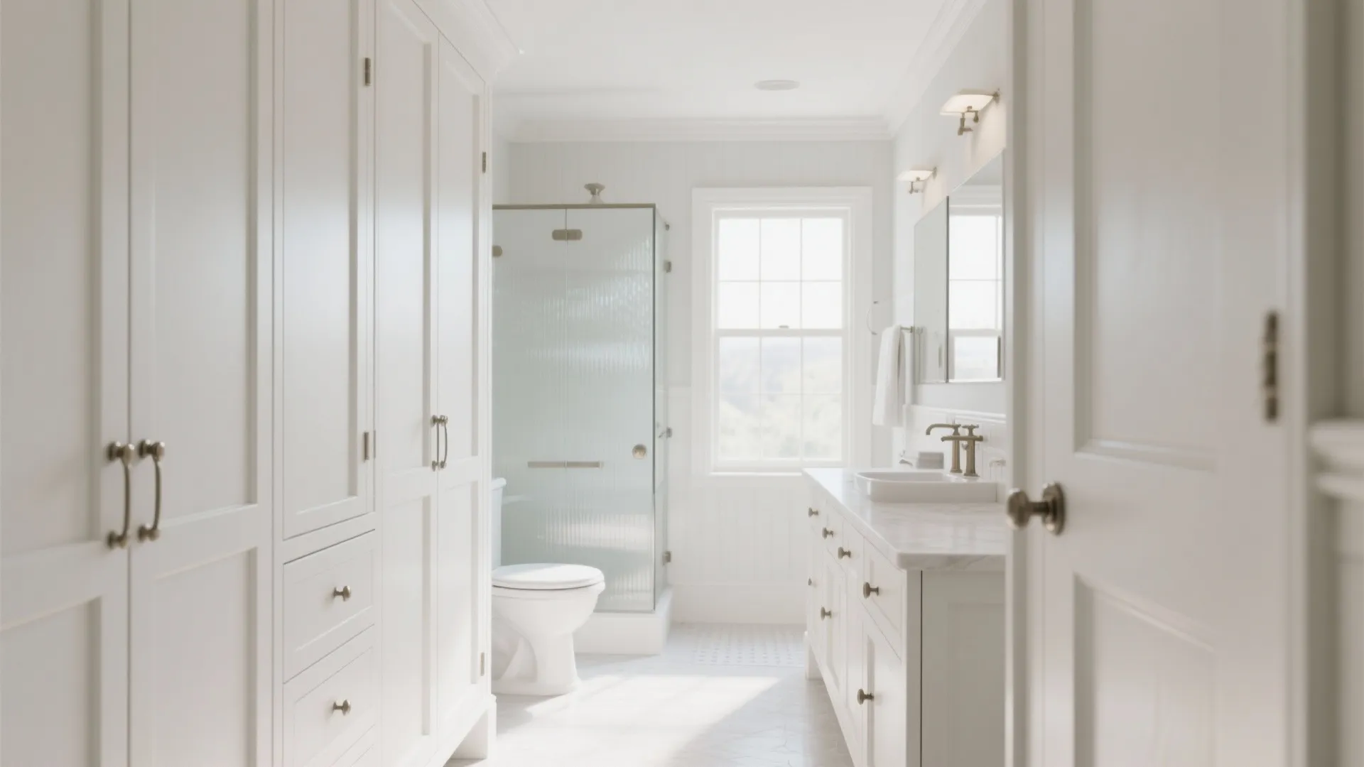 Classic bathroom with white shaker cabinets and bright lighting