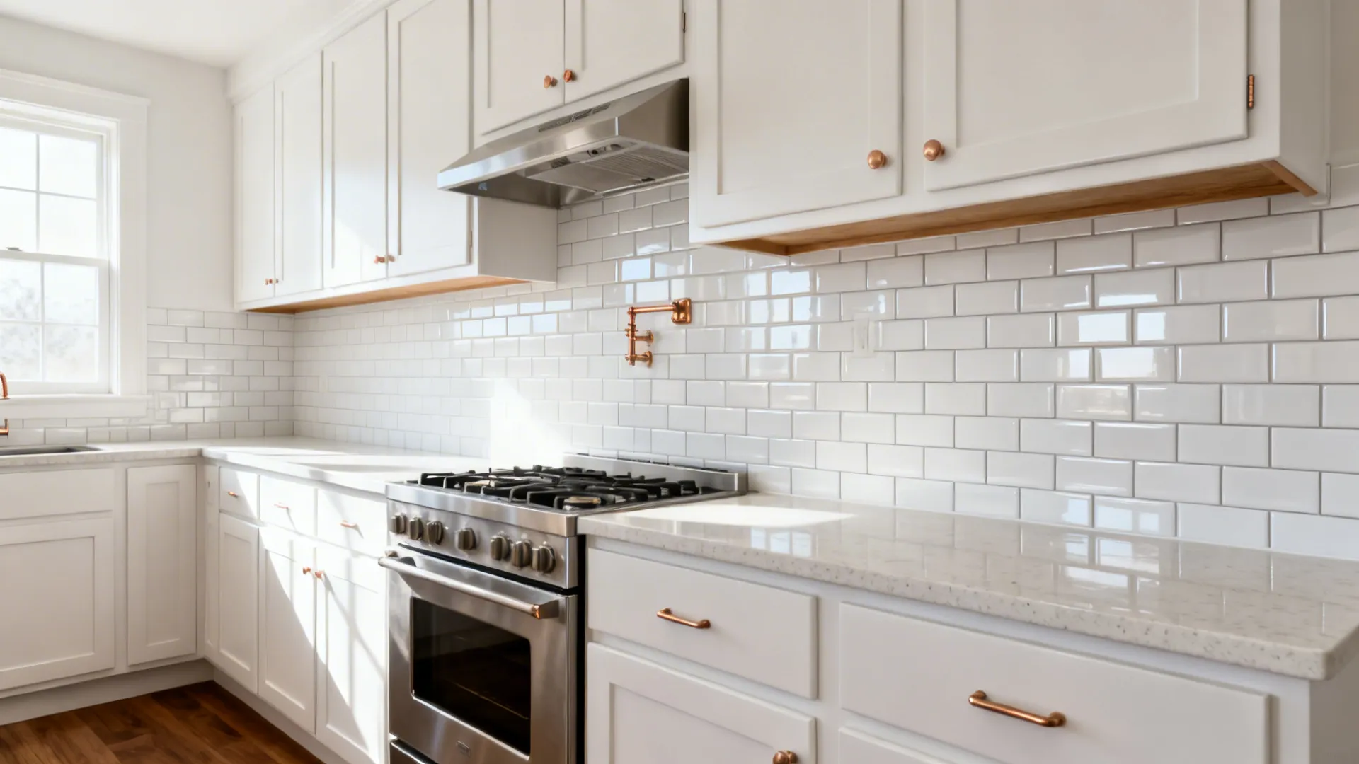 Matte white shaker + high-gloss subway tiles