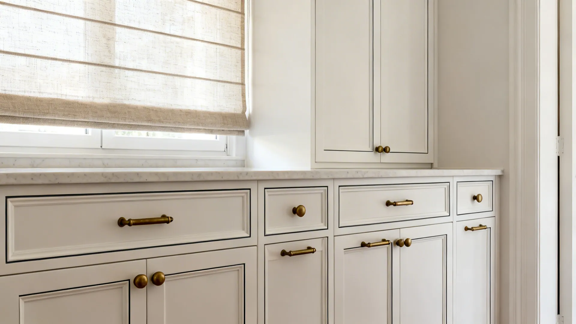 1) Minimalist white cabinetry with classic profiles