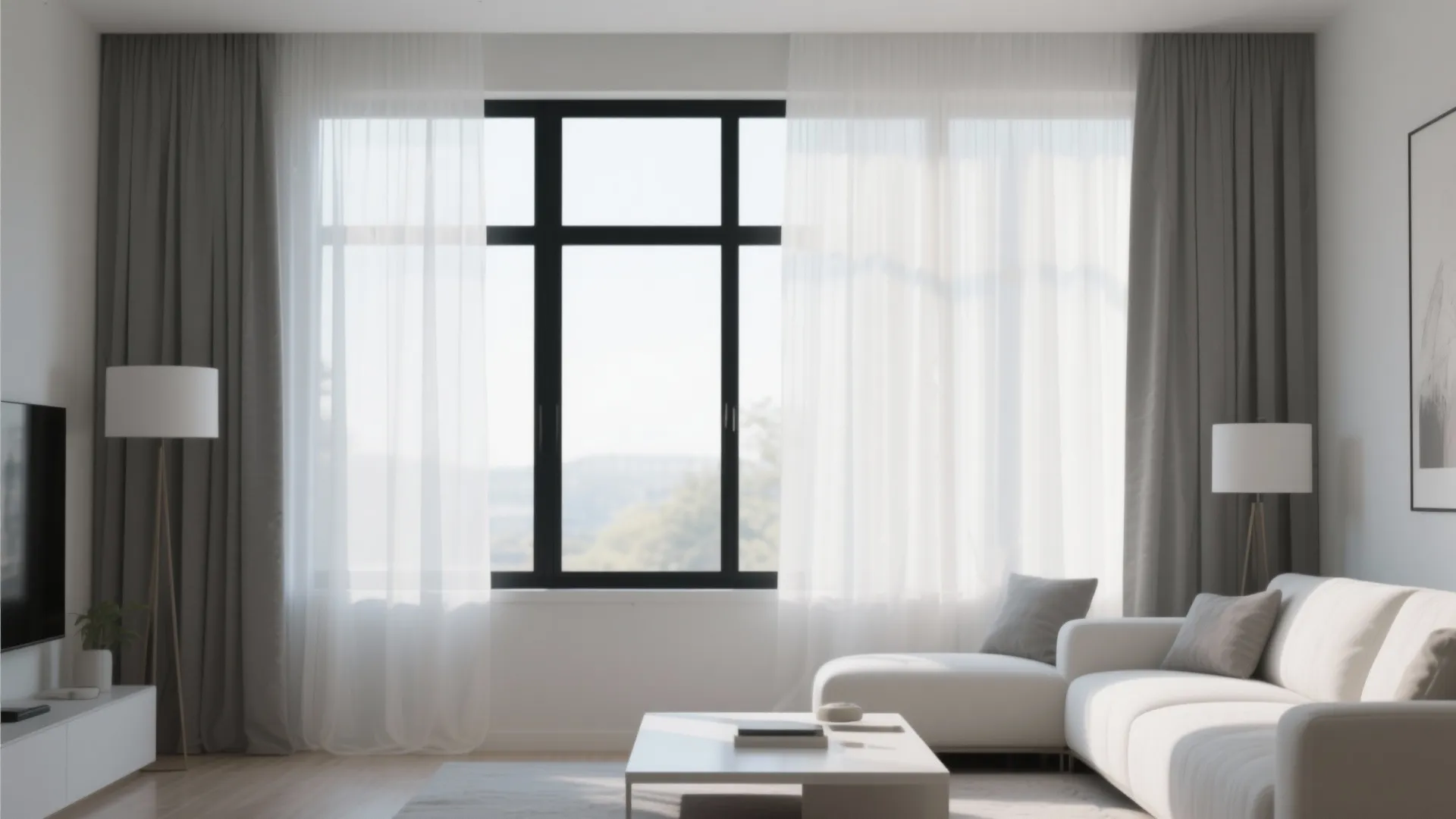 Modern bright living room with white sofa and grey curtains near a large black window