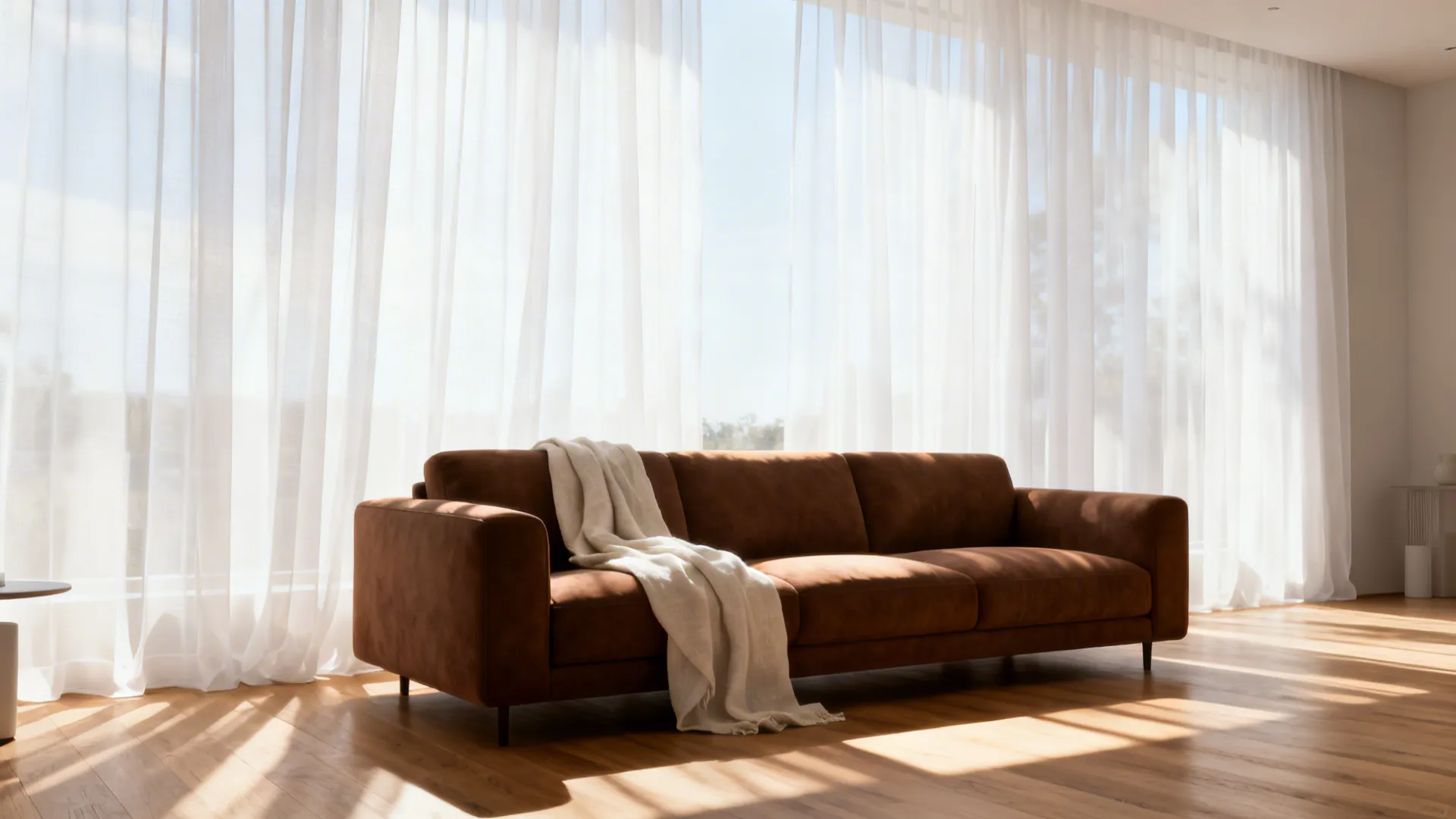 Airy living room with a brown sofa and soft white sheer curtains letting in abundant sunlight.