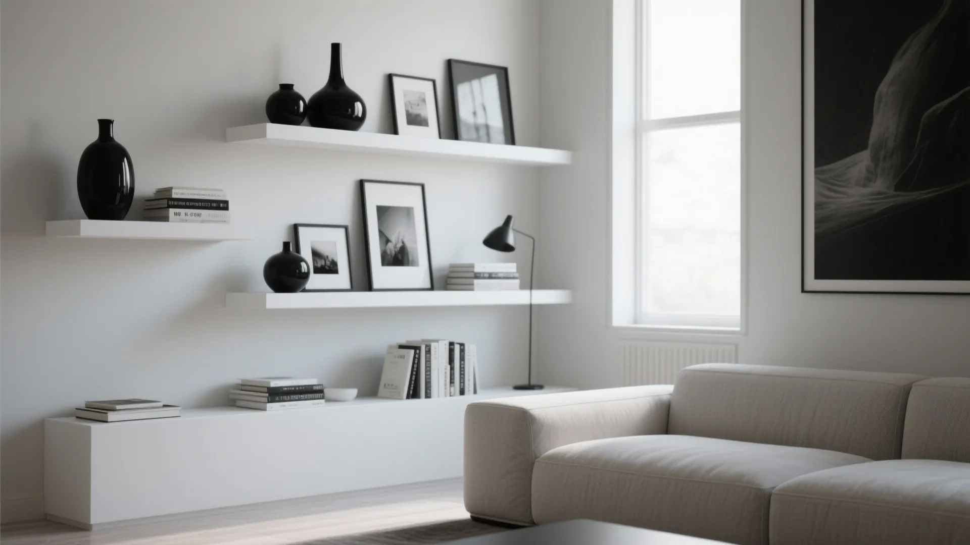 White floating wall shelves featuring black vases framed photos books and a minimalist beige sofa