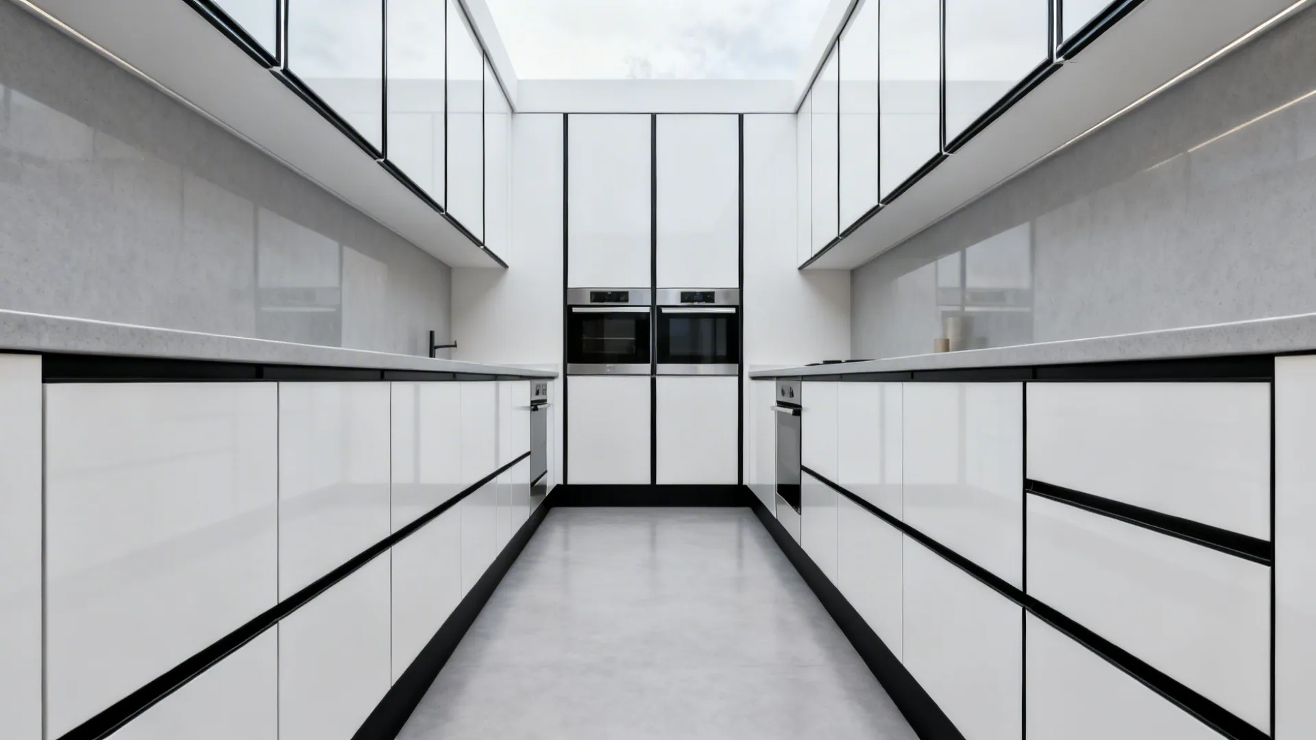 White galley kitchen with thin black frames on doors and a continuous black toe-kick.