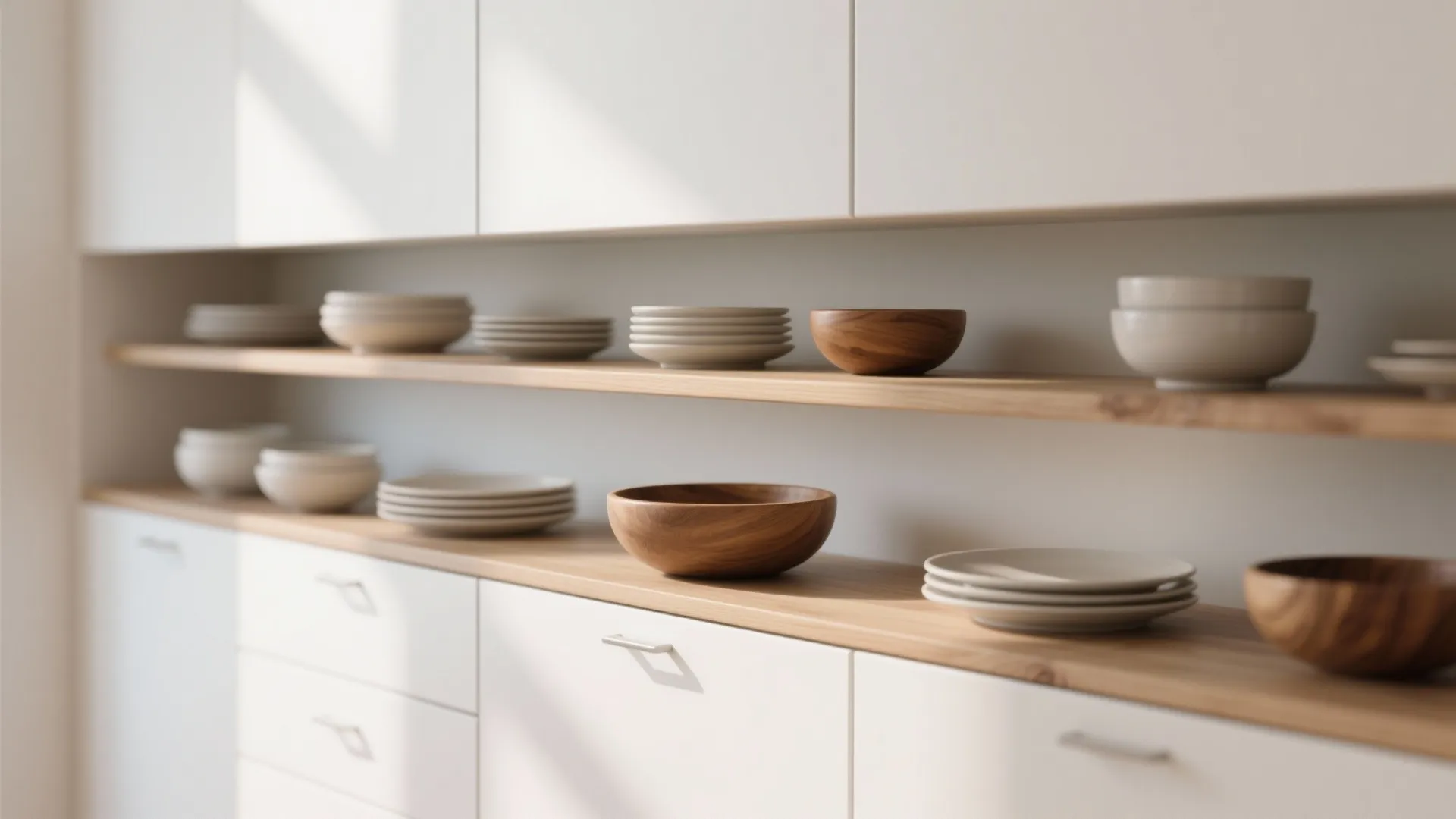 1. Seamless White Cabinets with Exposed Wood Shelves