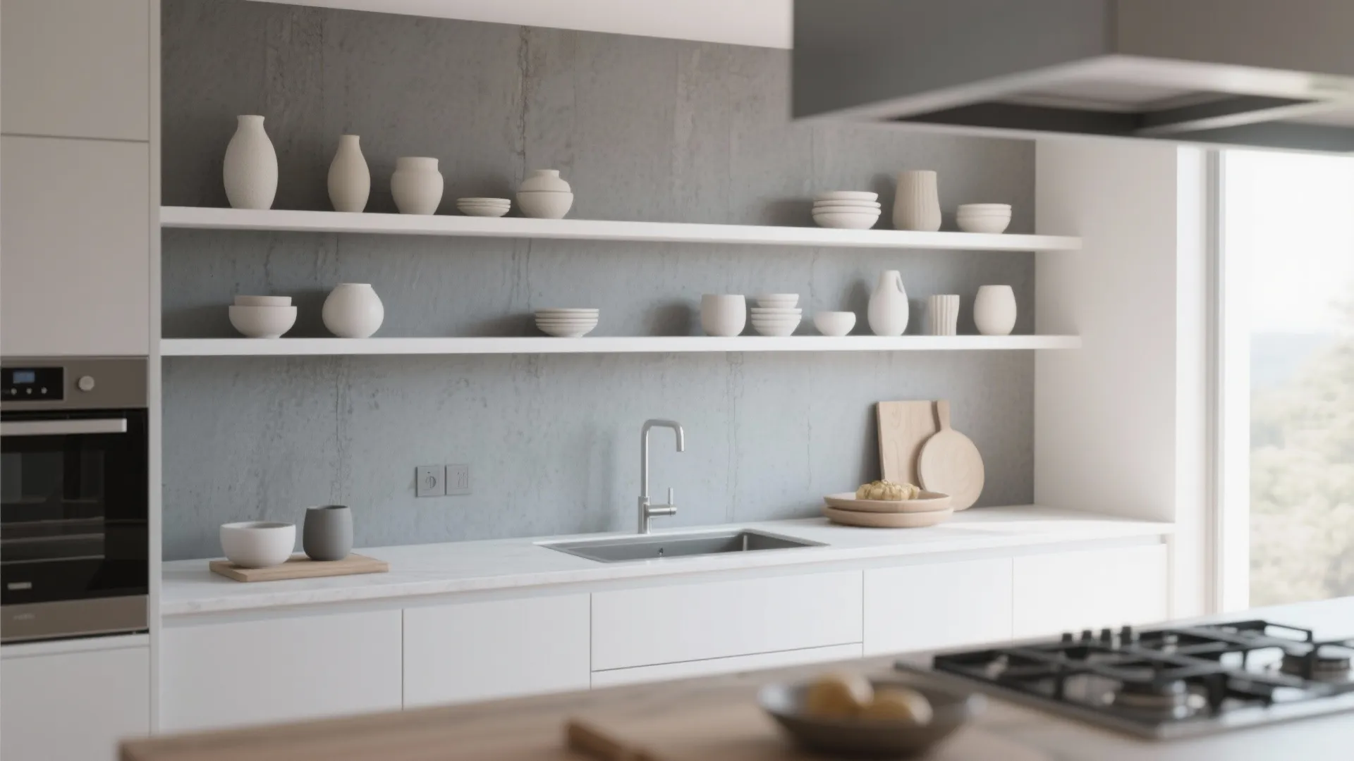 5. White Open Shelves on a Gray Accent Wall